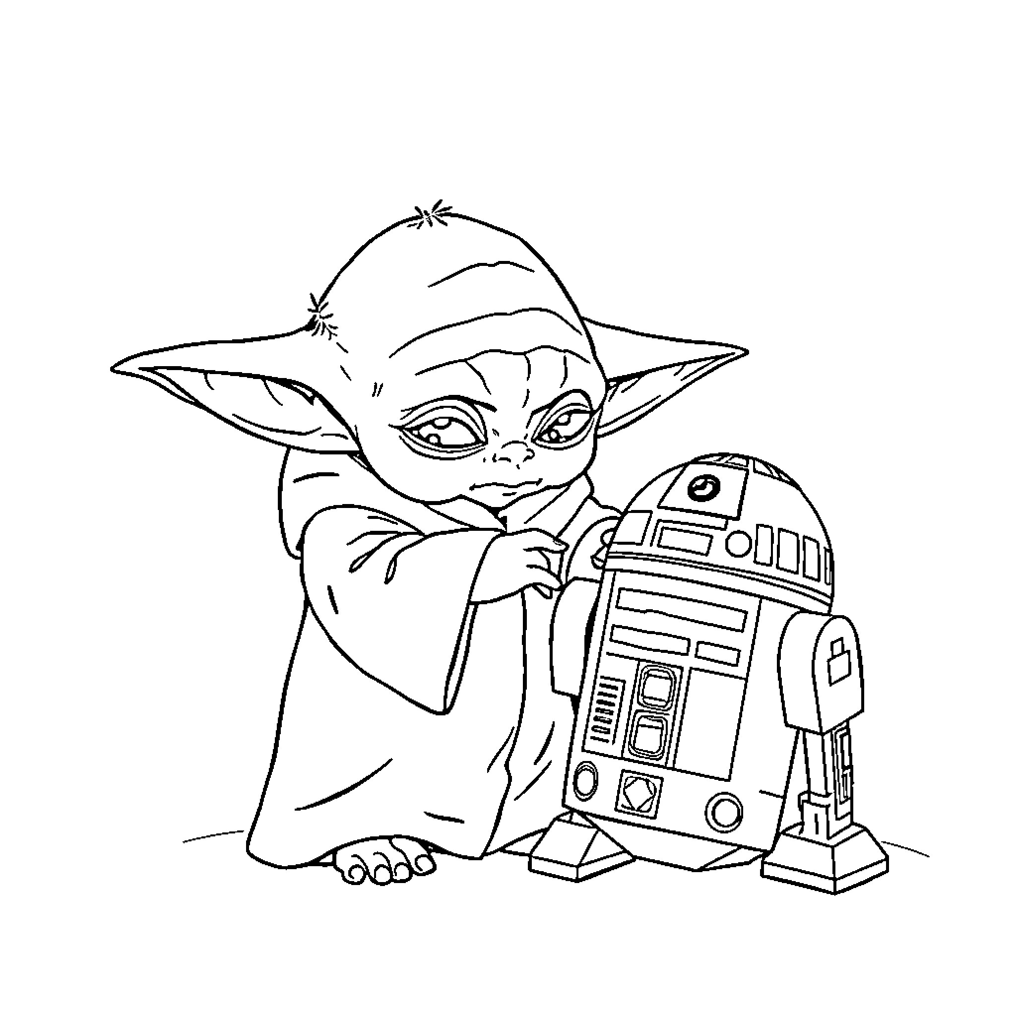 Yoda interacting with droid companion Coloring Page (free black-and-white line drawing printable PDF for all, from beginners to advanced learners, including children, teens, adults, and seniors)