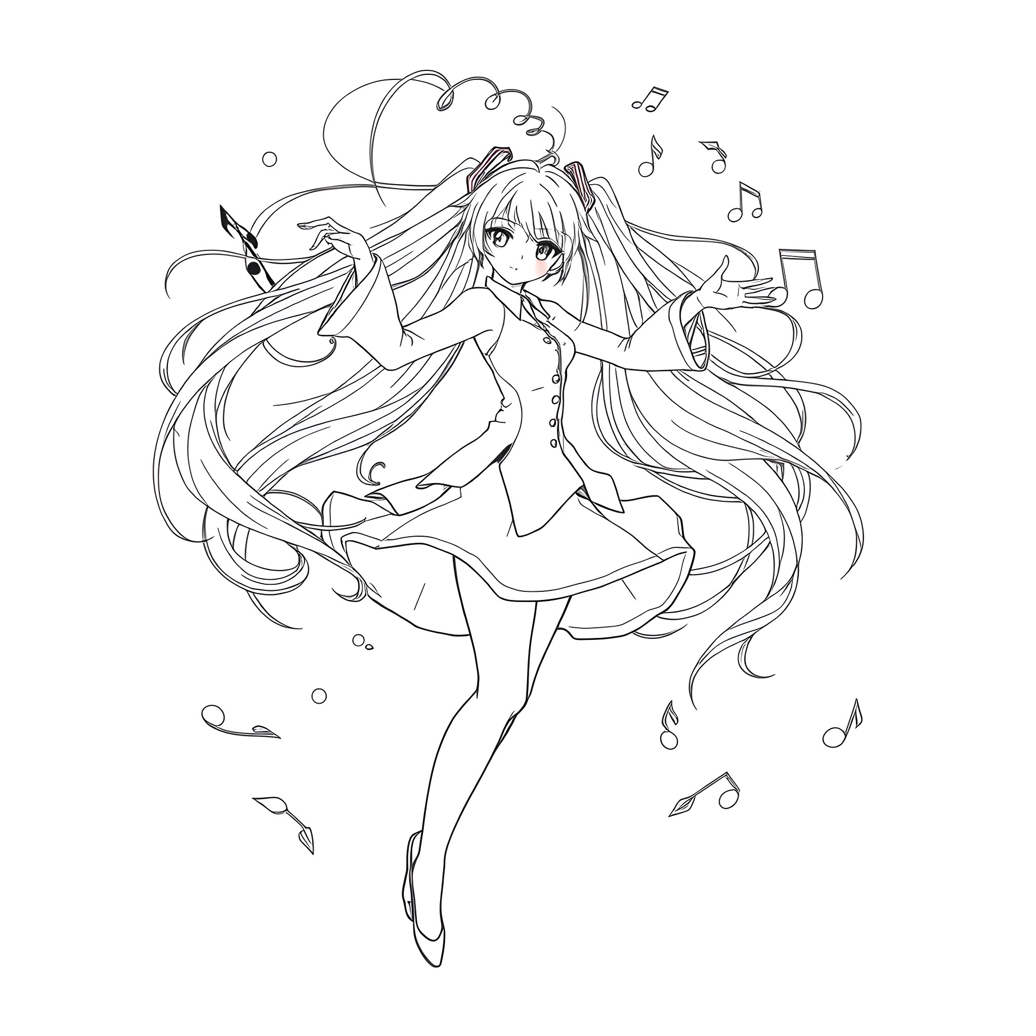 Hatsune Miku dancing joyfully with musical notes Coloring Page (free black-and-white line drawing printable PDF for all, from beginners to advanced learners, including children, teens, adults, and seniors)