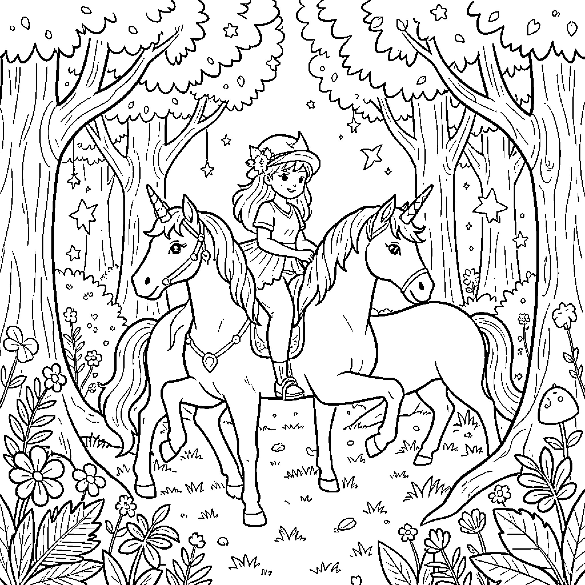 Unicorn riding through a magical forest with a girl Coloring Page (free black-and-white line drawing printable PDF for all, from beginners to advanced learners, including children, teens, adults, and seniors)