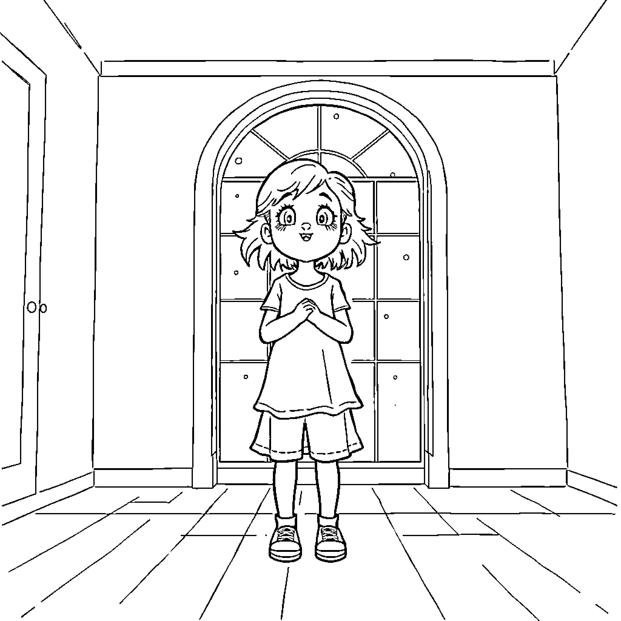 Girl standing in a room with arched window Coloring Page (free black-and-white line drawing printable PDF for all, from beginners to advanced learners, including children, teens, adults, and seniors)