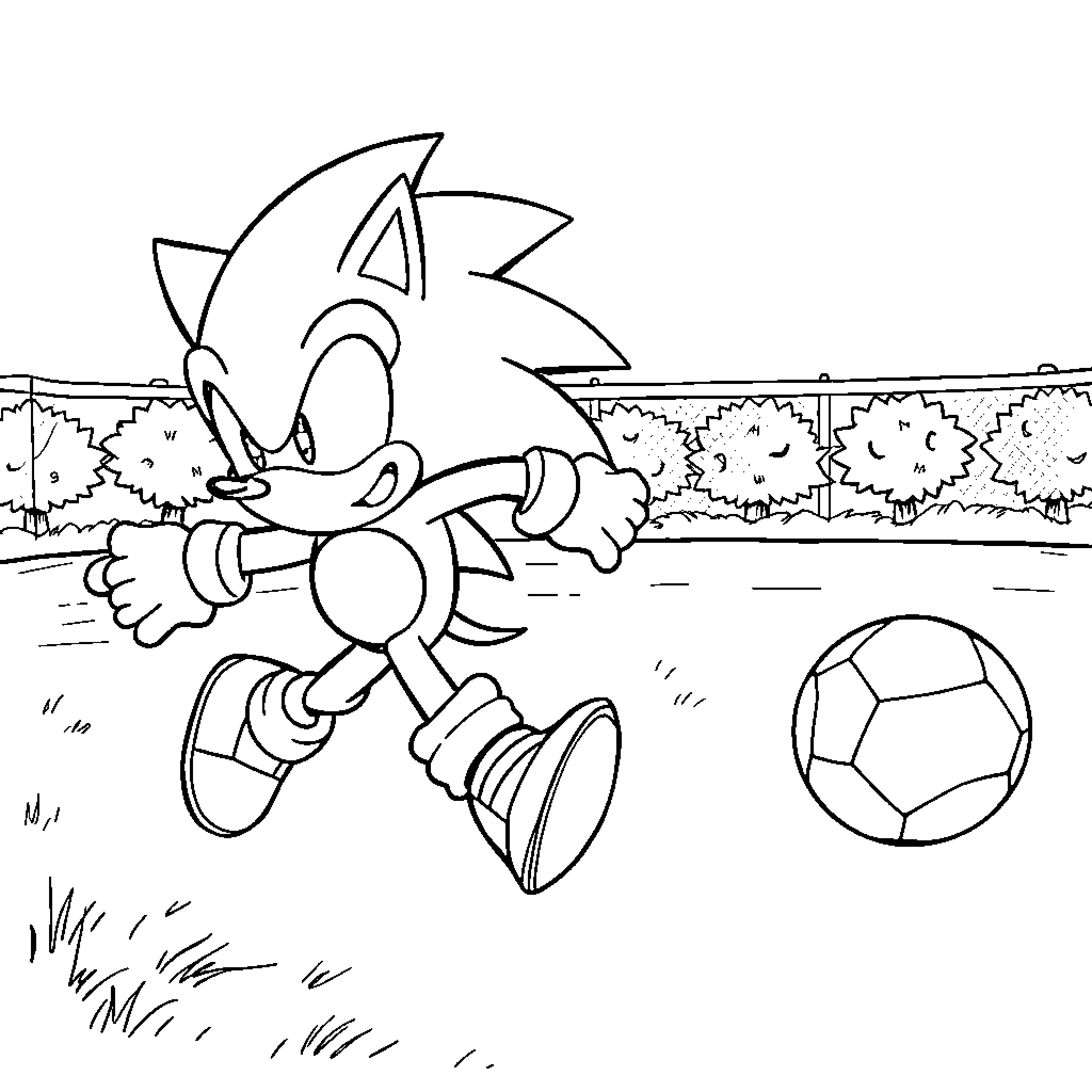 Sonic playing with a soccer ball in a park Coloring Page (free black-and-white line drawing printable PDF for all, from beginners to advanced learners, including children, teens, adults, and seniors)