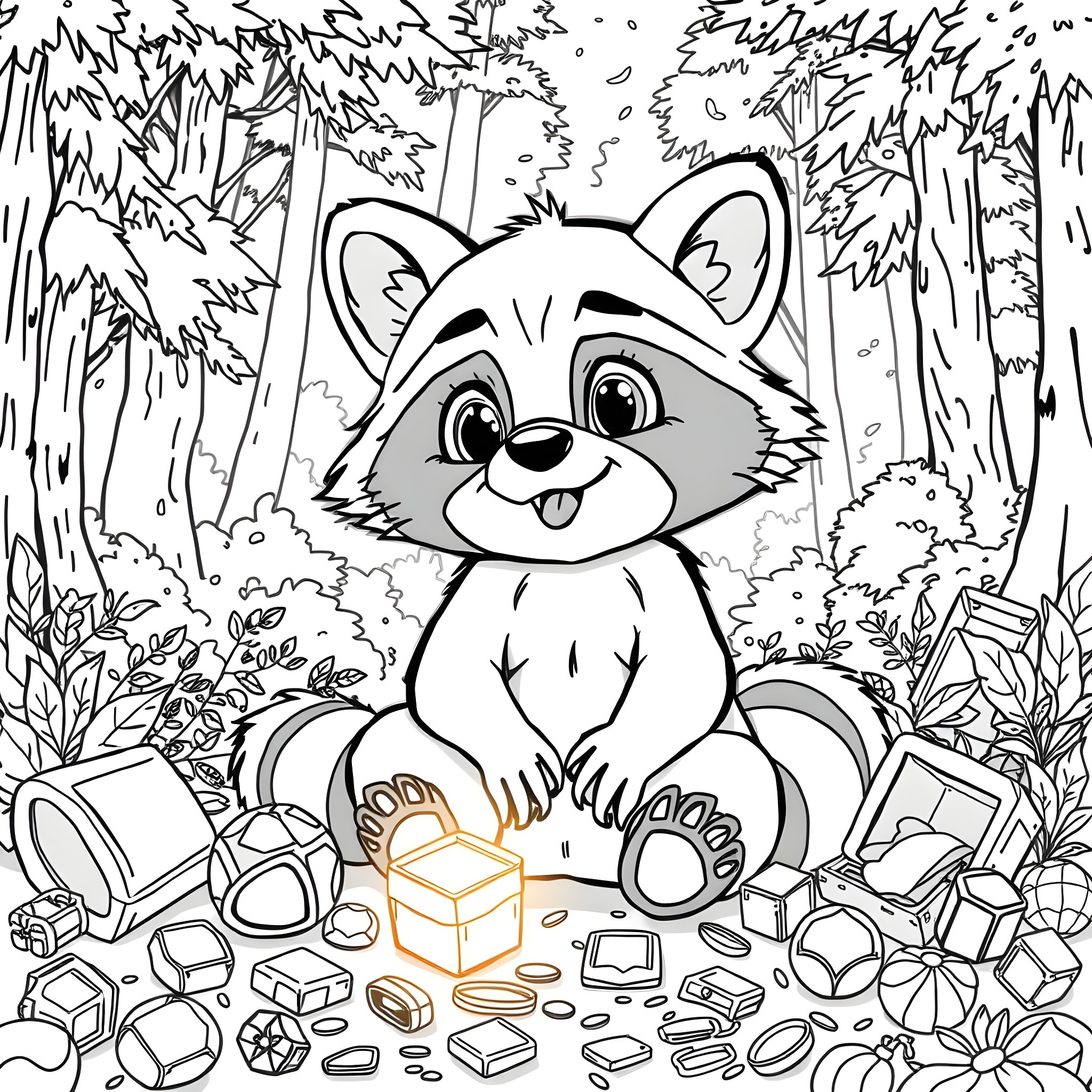 Meeko exploring the forest with treasures Coloring Page (free black-and-white line drawing printable PDF for all, from beginners to advanced learners, including children, teens, adults, and seniors)