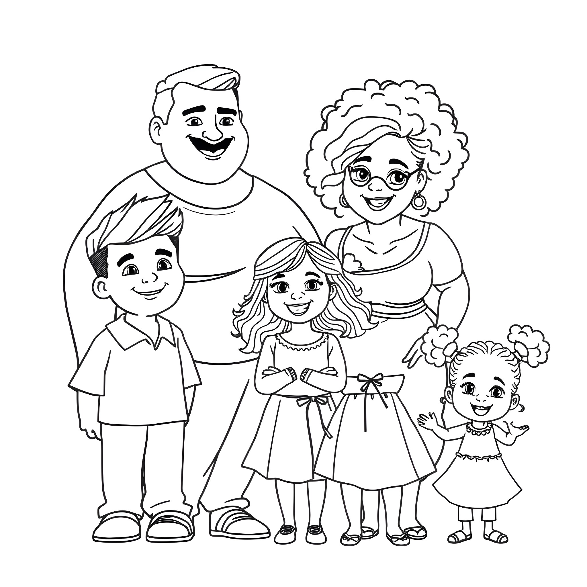 Family Enjoying Time Together in Black and White Coloring Page (free black-and-white line drawing printable PDF for all, from beginners to advanced learners, including children, teens, adults, and seniors)