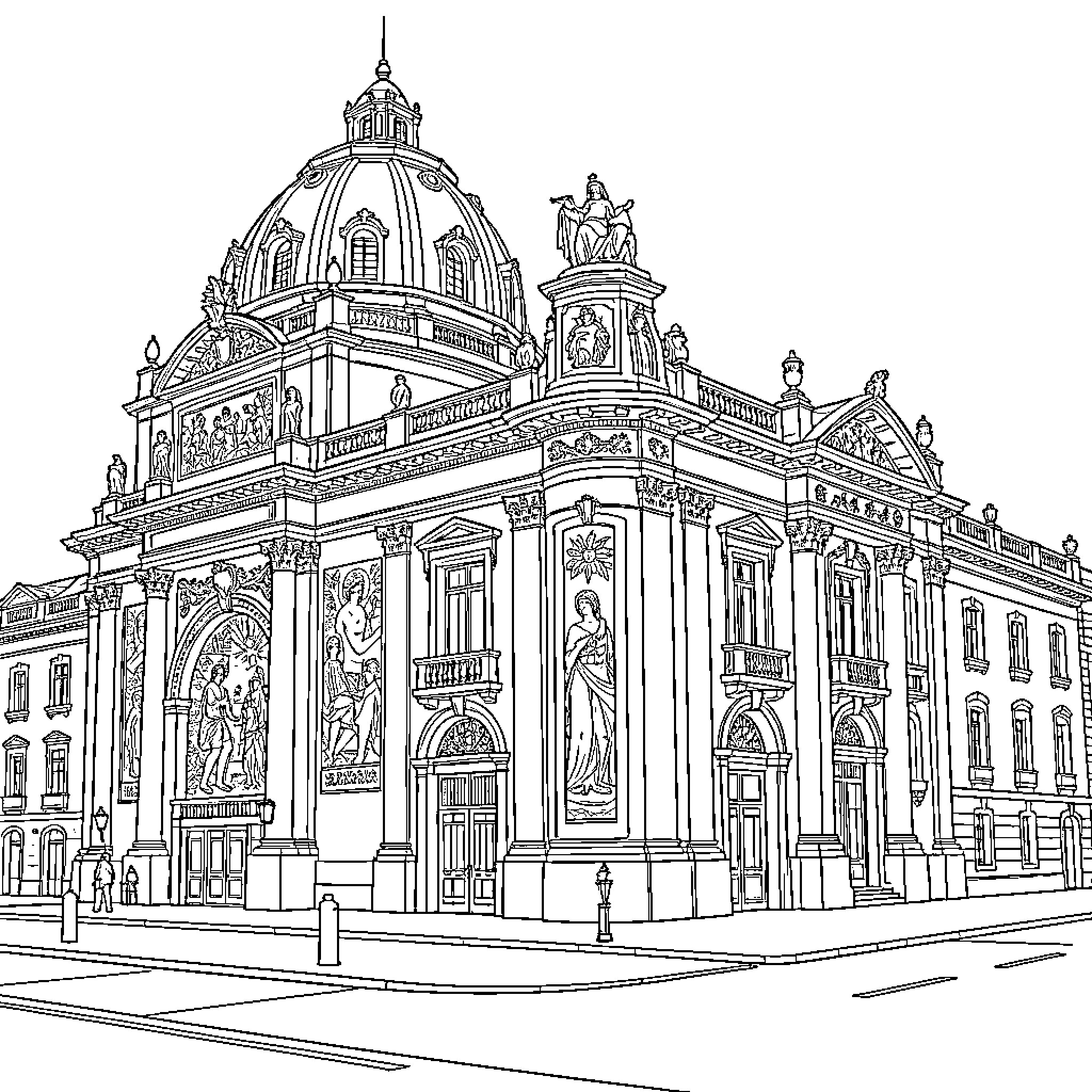 Palace of ornate architectural elegance Coloring Page (free black-and-white line drawing printable PDF for all, from beginners to advanced learners, including children, teens, adults, and seniors)