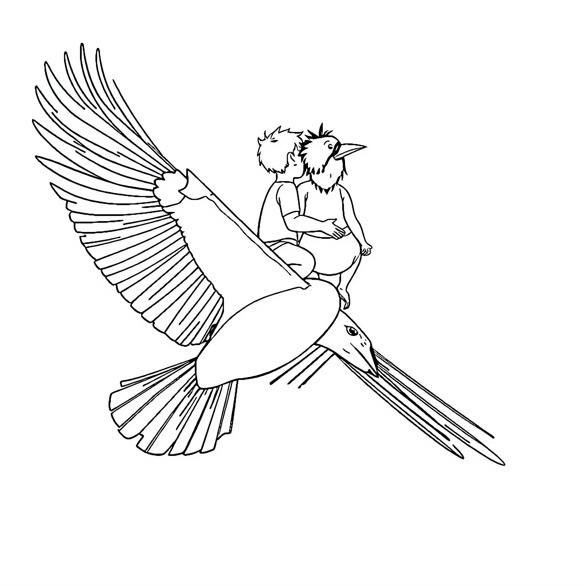 Magpie carrying a human on its back Coloring Page (free black-and-white line drawing printable PDF for all, from beginners to advanced learners, including children, teens, adults, and seniors)