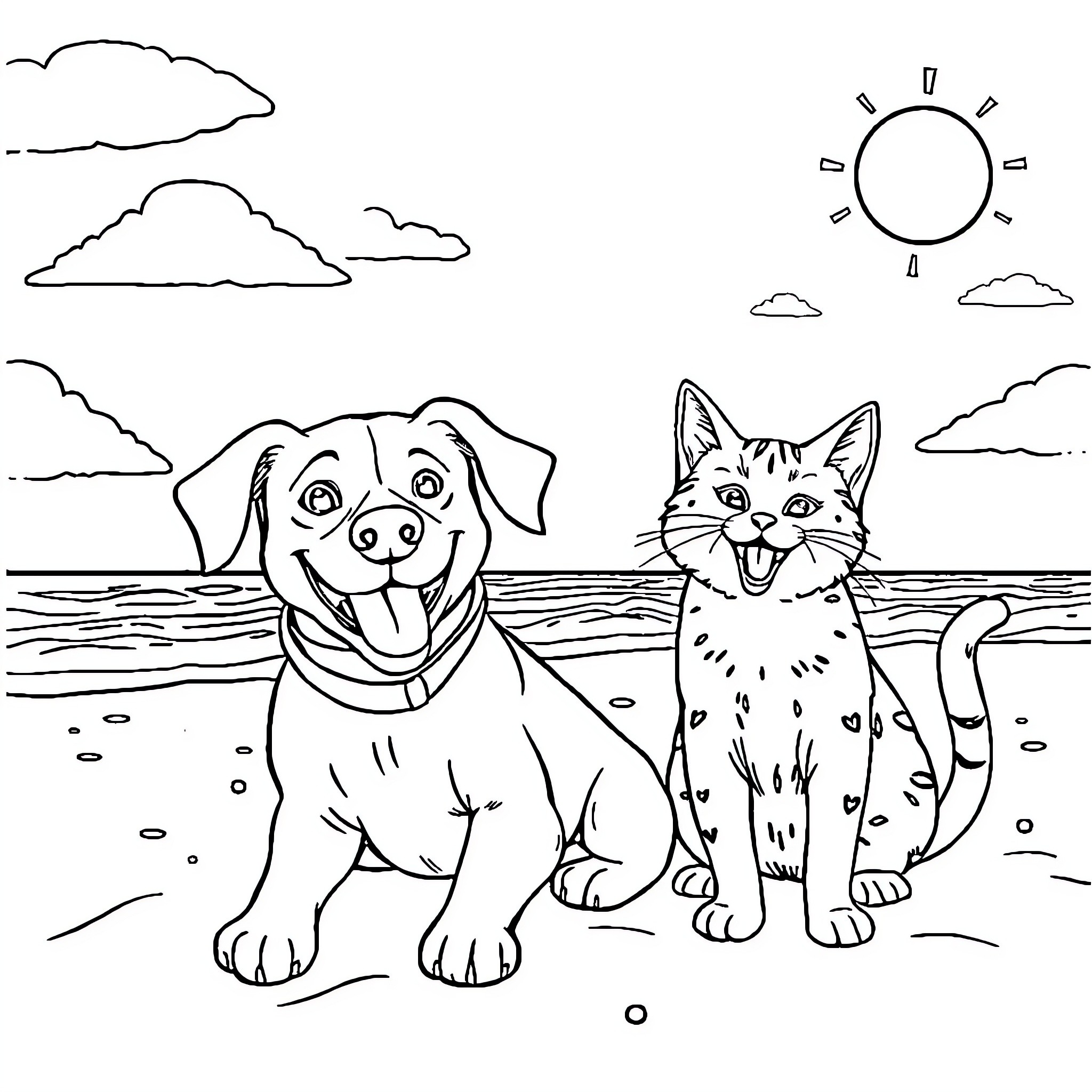 Dog and Cat playing together on the beach Coloring Page (free black-and-white line drawing printable PDF for all, from beginners to advanced learners, including children, teens, adults, and seniors)