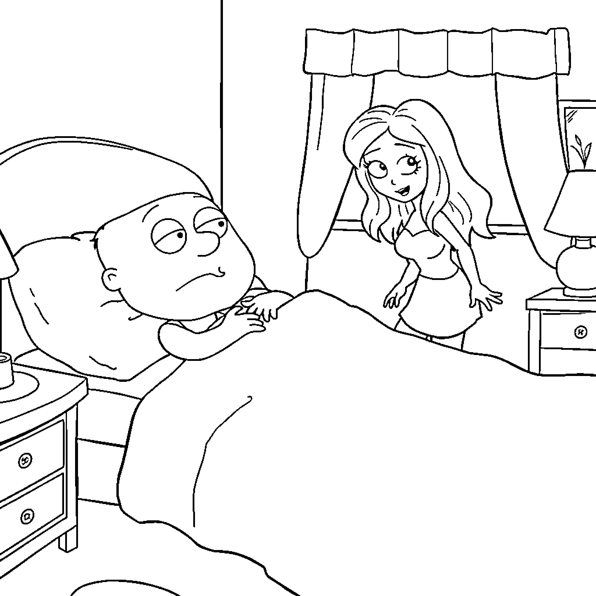 Stewie comforts a sick friend Coloring Page (free black-and-white line drawing printable PDF for all, from beginners to advanced learners, including children, teens, adults, and seniors)