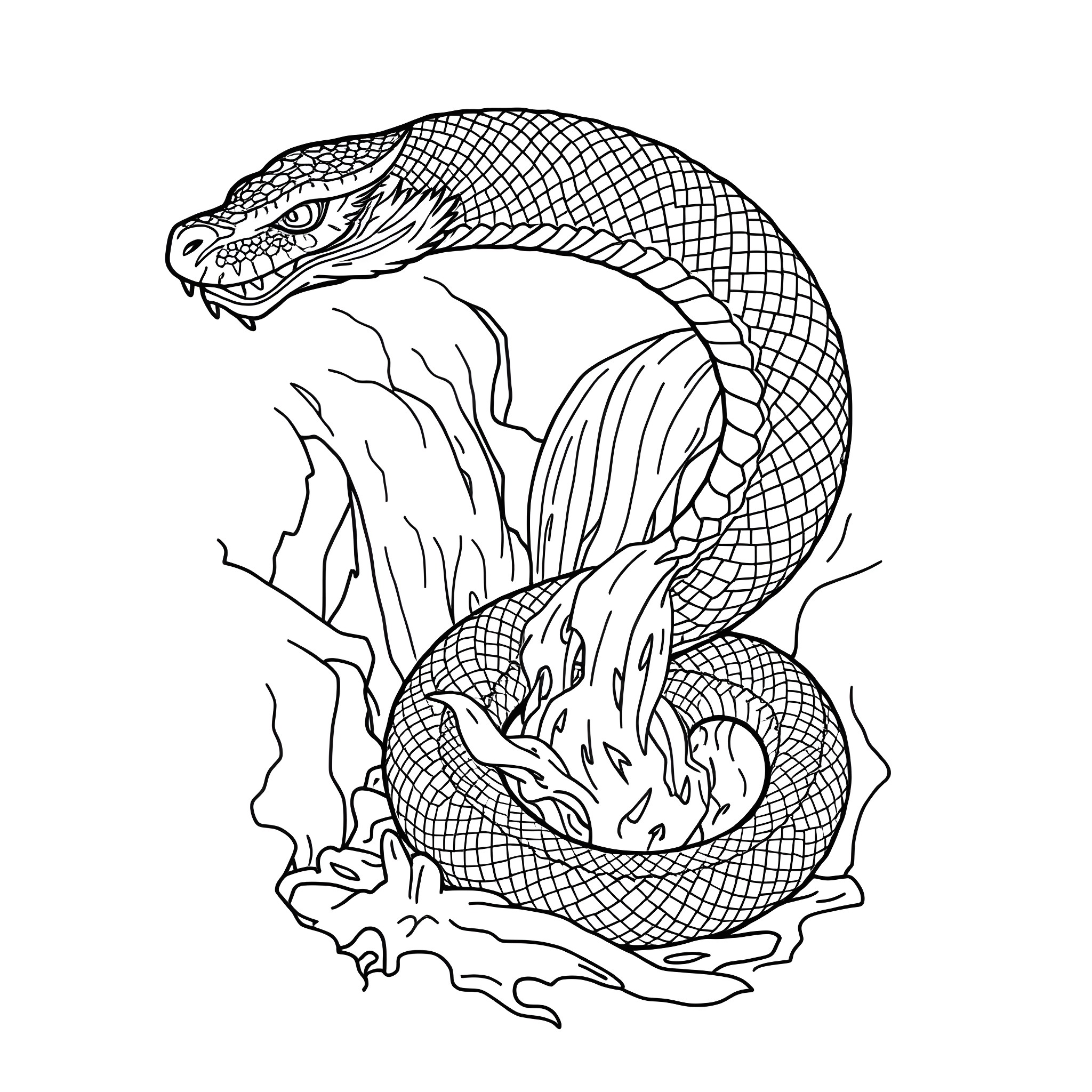 Uktena, the mythical serpent coiled and ready to strike Coloring Page (free black-and-white line drawing printable PDF for all, from beginners to advanced learners, including children, teens, adults, and seniors)