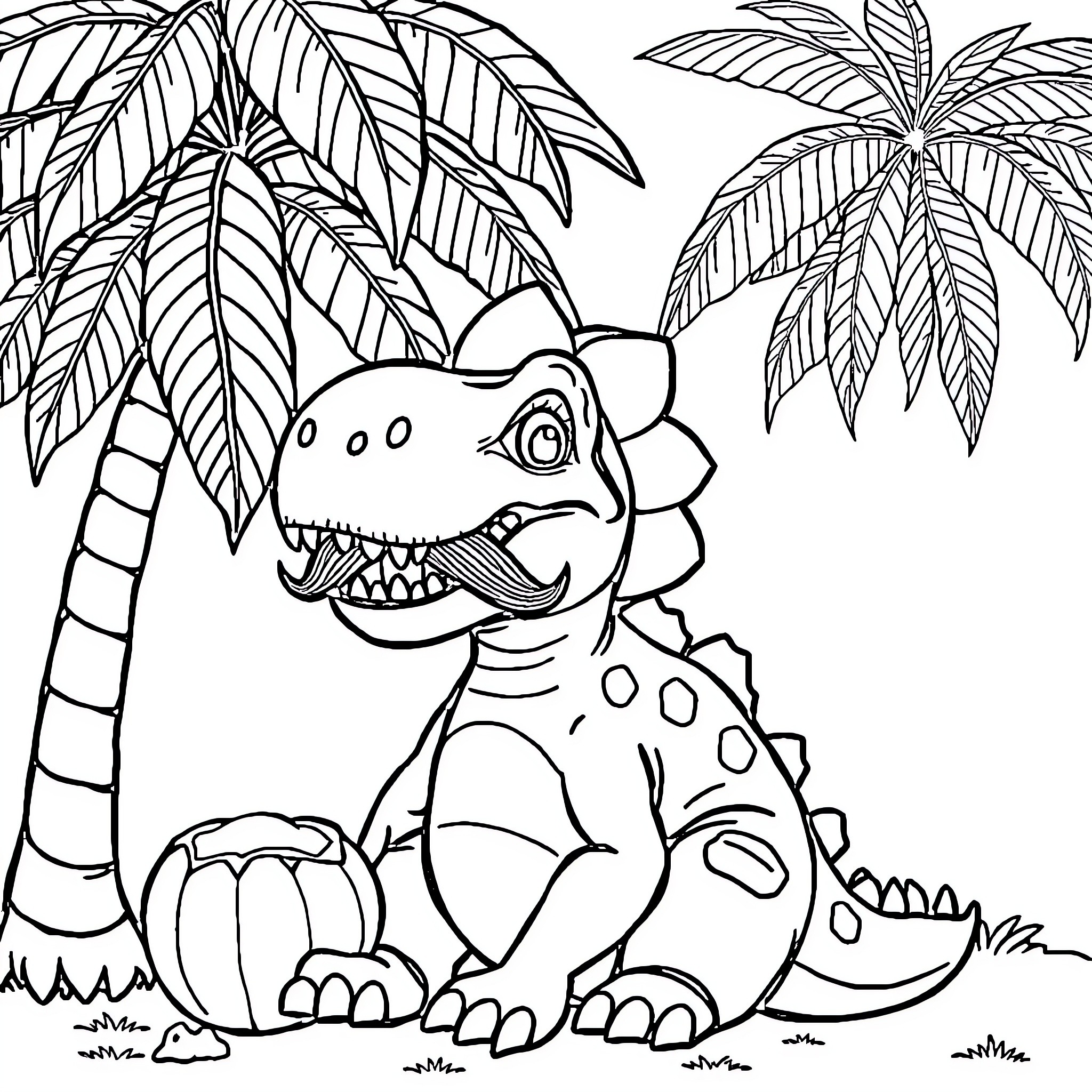Dinosaur playing in the jungle Coloring Page (free black-and-white line drawing printable PDF for all, from beginners to advanced learners, including children, teens, adults, and seniors)