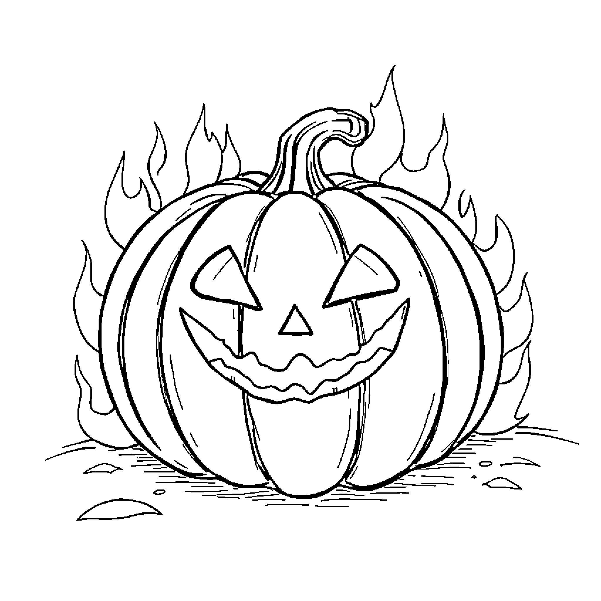 Pumpkin Jack-o'-lantern with Flames Coloring Page (free black-and-white line drawing printable PDF for all, from beginners to advanced learners, including children, teens, adults, and seniors)