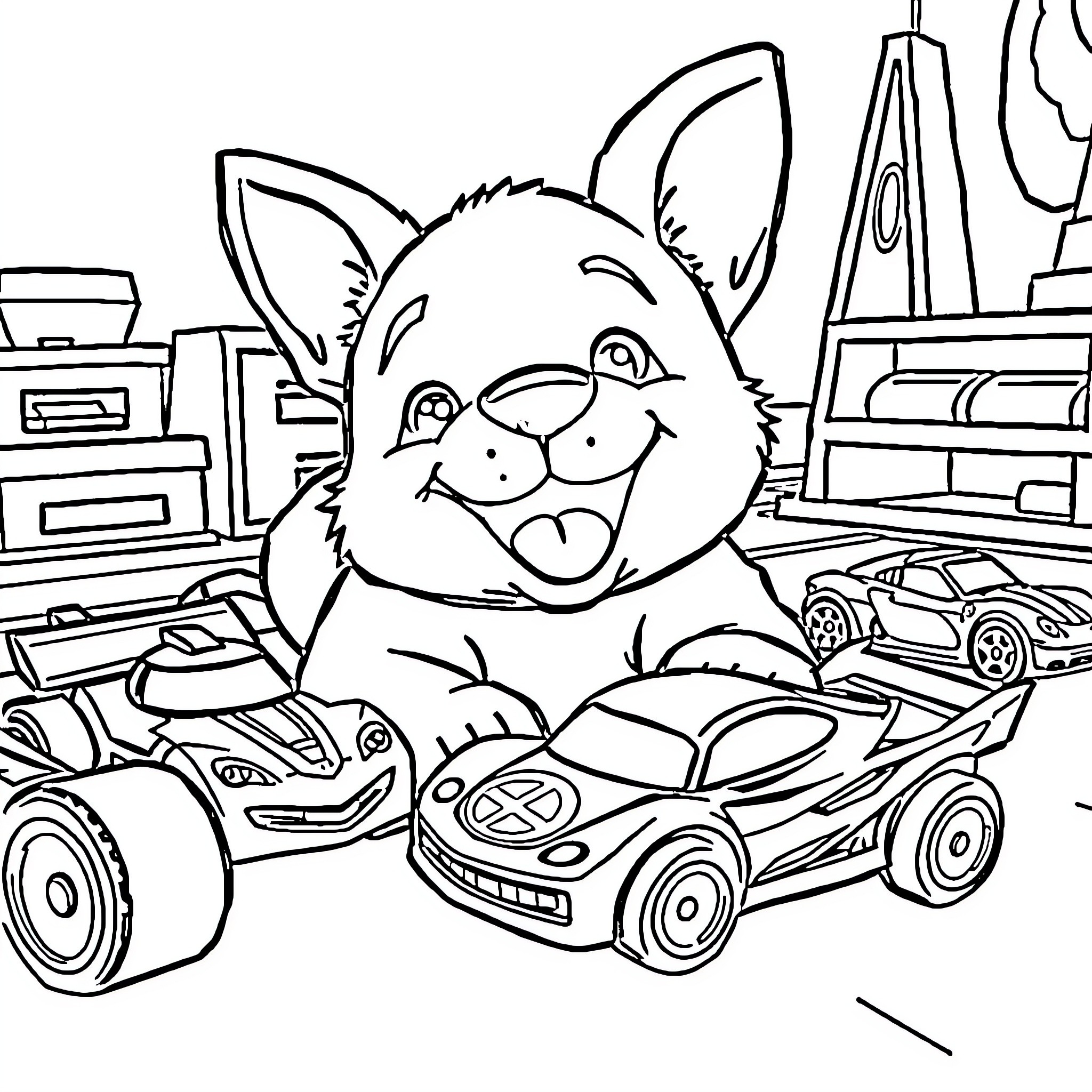 Bluey playing with toy cars in the room Coloring Page (free black-and-white line drawing printable PDF for all, from beginners to advanced learners, including children, teens, adults, and seniors)