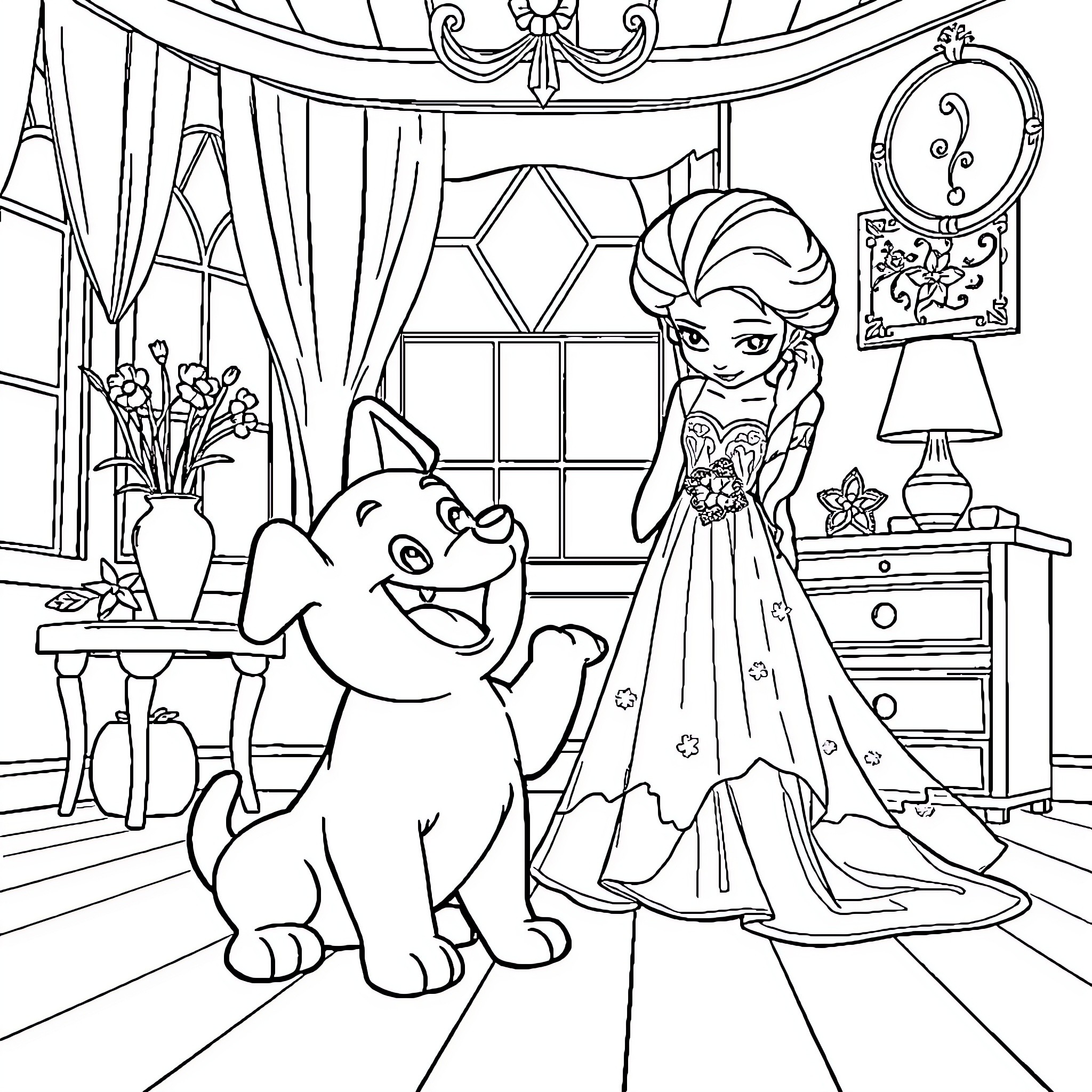 Bluey's Cozy Castle Adventure Coloring Page (free black-and-white line drawing printable PDF for all, from beginners to advanced learners, including children, teens, adults, and seniors)