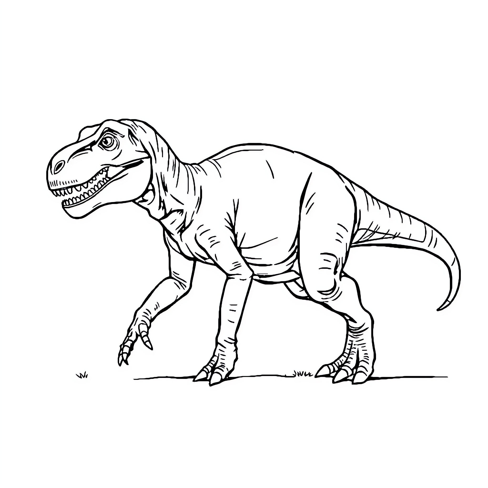 T-Rex Stomping Through the Prehistoric Landscape Coloring Page (free black-and-white line drawing printable PDF for all, from beginners to advanced learners, including children, teens, adults, and seniors)