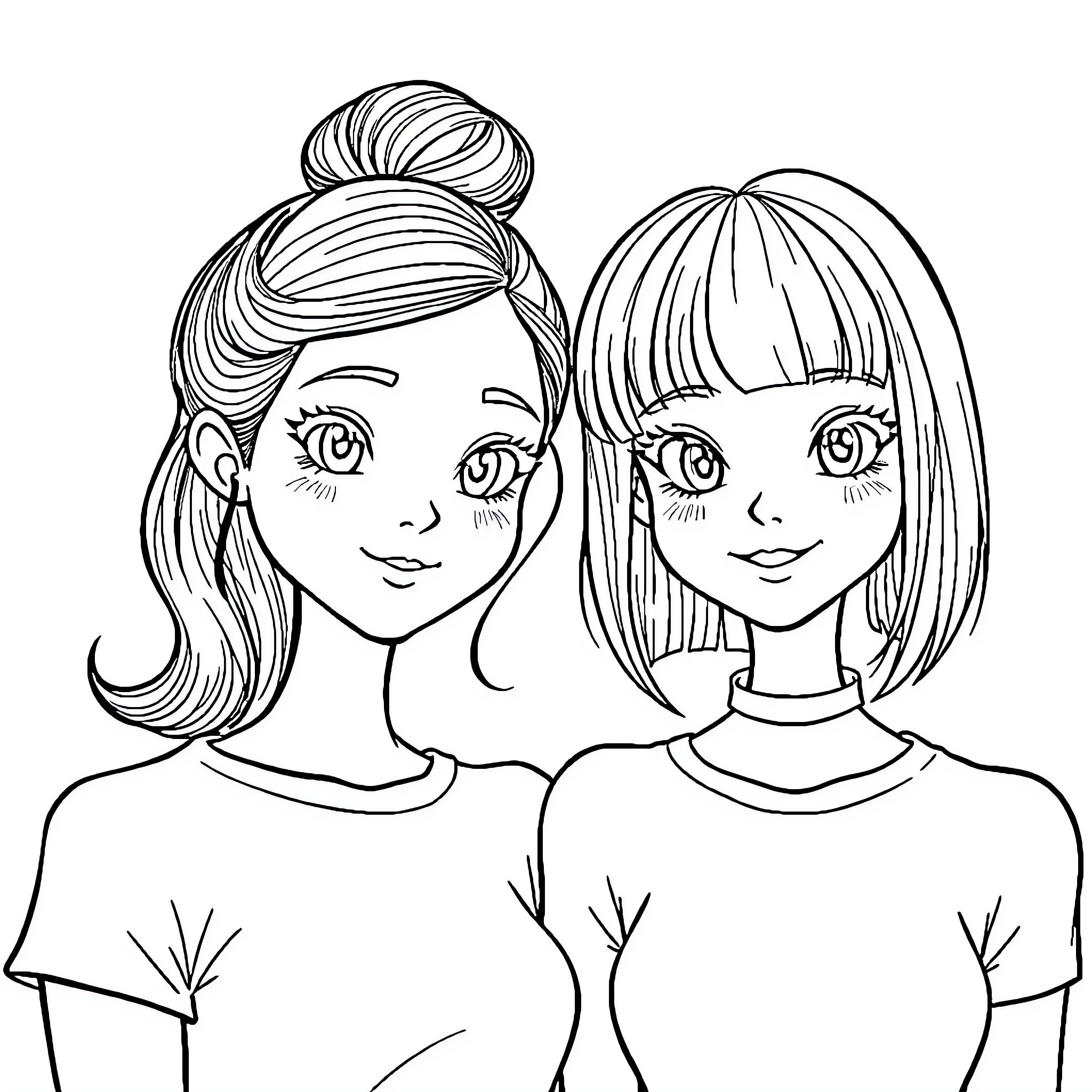 Girls with different hairstyles and expressions Coloring Page (free black-and-white line drawing printable PDF for all, from beginners to advanced learners, including children, teens, adults, and seniors)