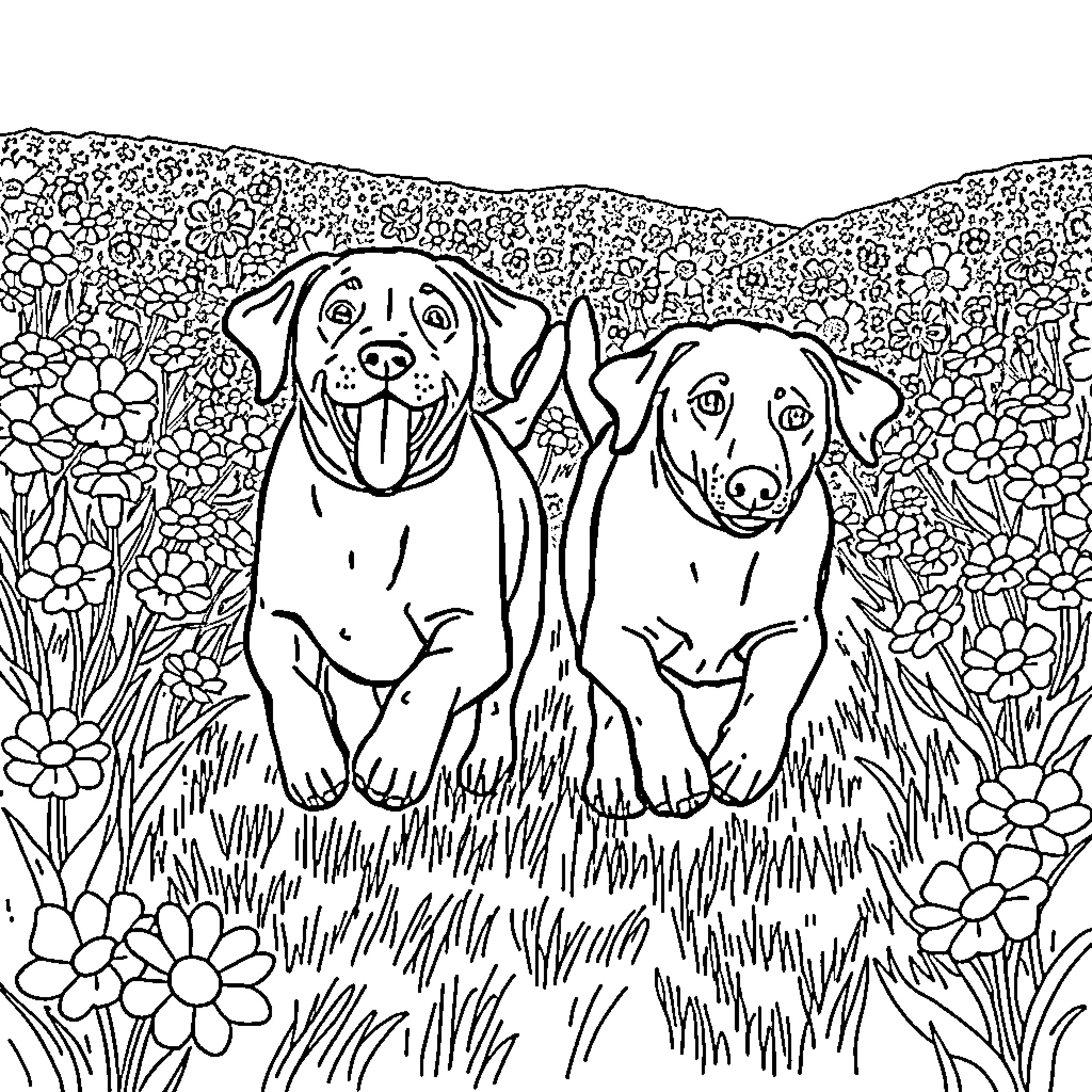 Labrador Dogs Exploring Floral Field Coloring Page (free black-and-white line drawing printable PDF for all, from beginners to advanced learners, including children, teens, adults, and seniors)