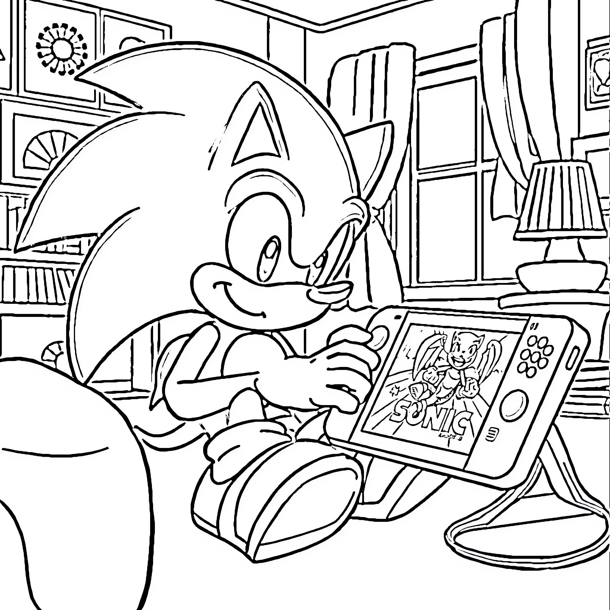 Sonic gaming in his room Coloring Page (free black-and-white line drawing printable PDF for all, from beginners to advanced learners, including children, teens, adults, and seniors)