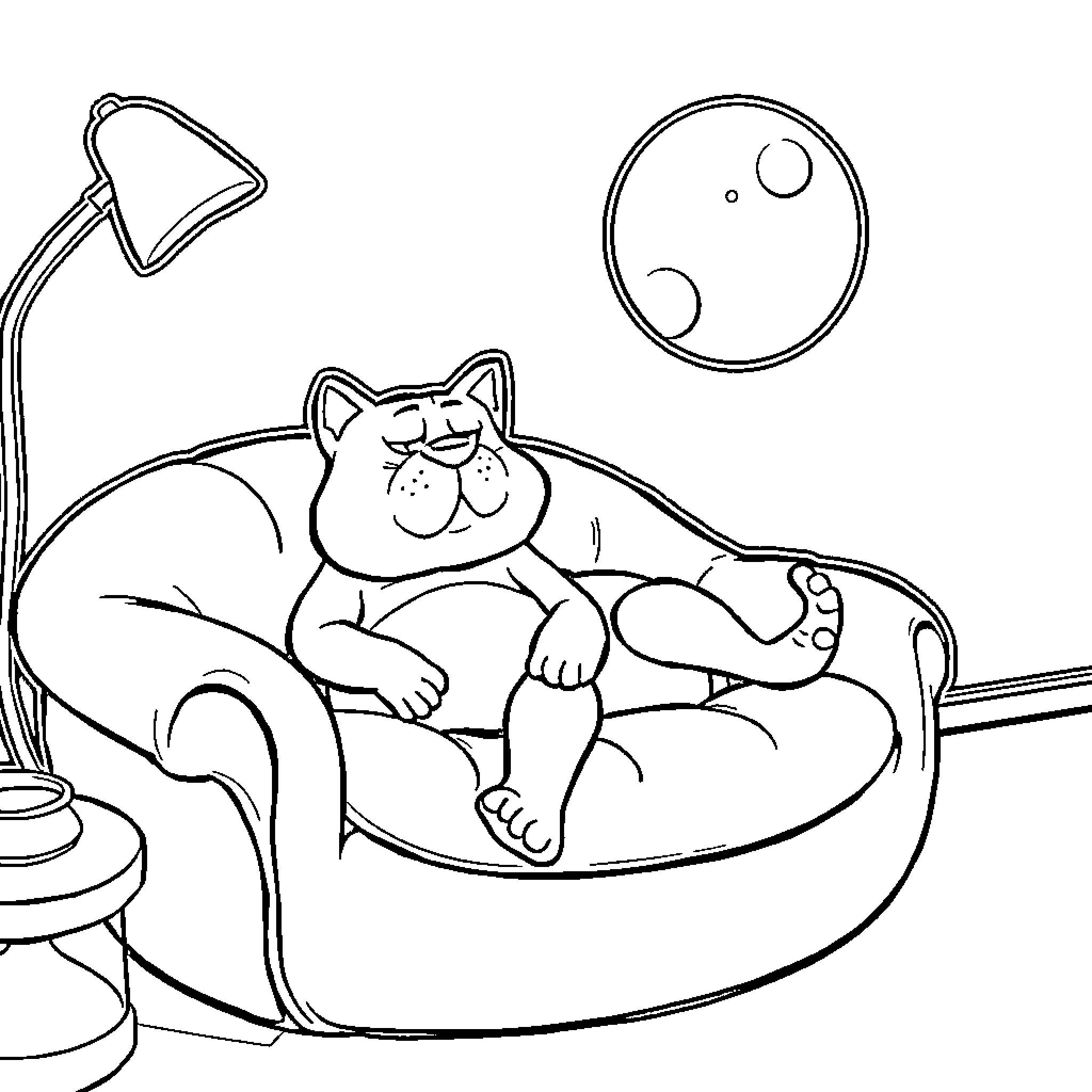 Frank n Further's Relaxed Feline Adventure Coloring Page (free black-and-white line drawing printable PDF for all, from beginners to advanced learners, including children, teens, adults, and seniors)