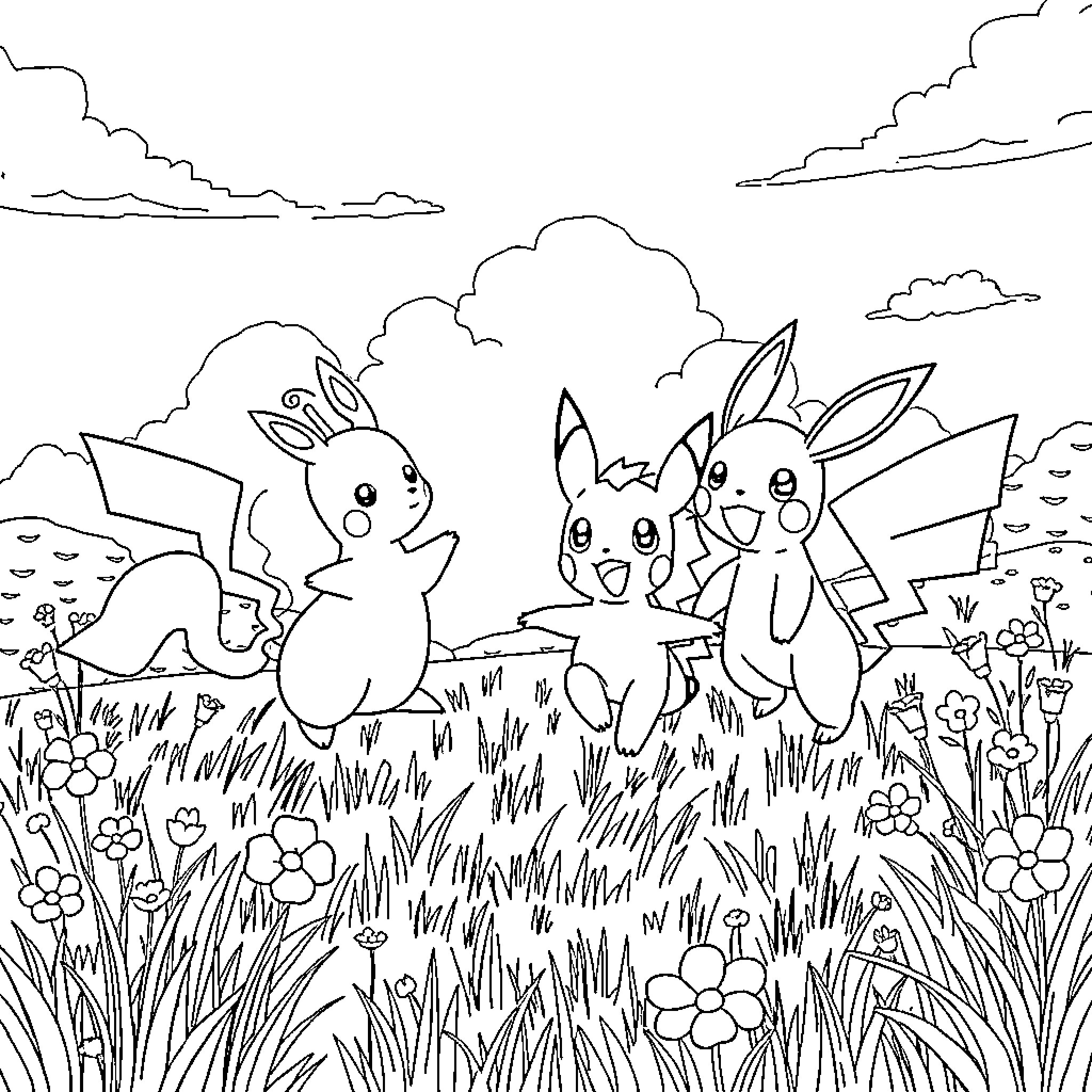 Pokémon playing and exploring in a lush meadow Coloring Page (free black-and-white line drawing printable PDF for all, from beginners to advanced learners, including children, teens, adults, and seniors)