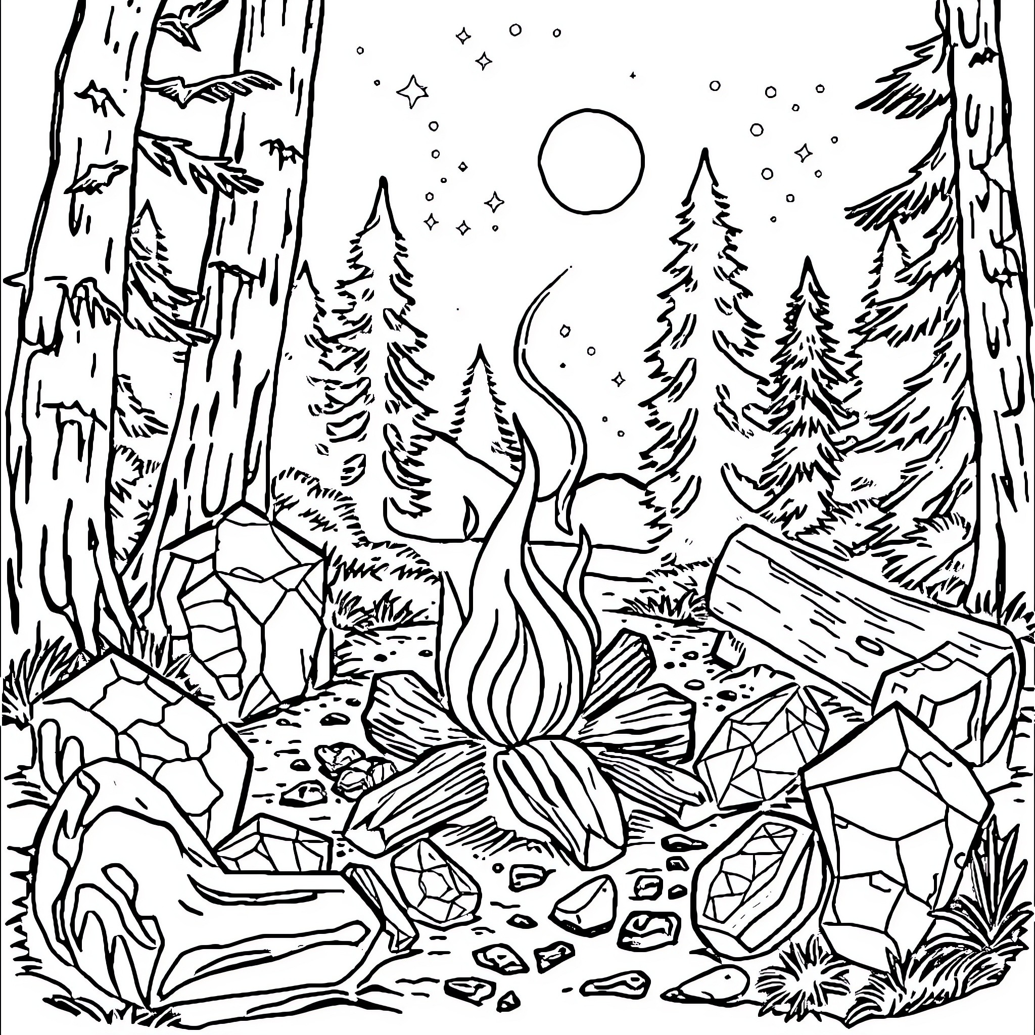 Gem of the Wilderness Campfire Coloring Page (free black-and-white line drawing printable PDF for all, from beginners to advanced learners, including children, teens, adults, and seniors)