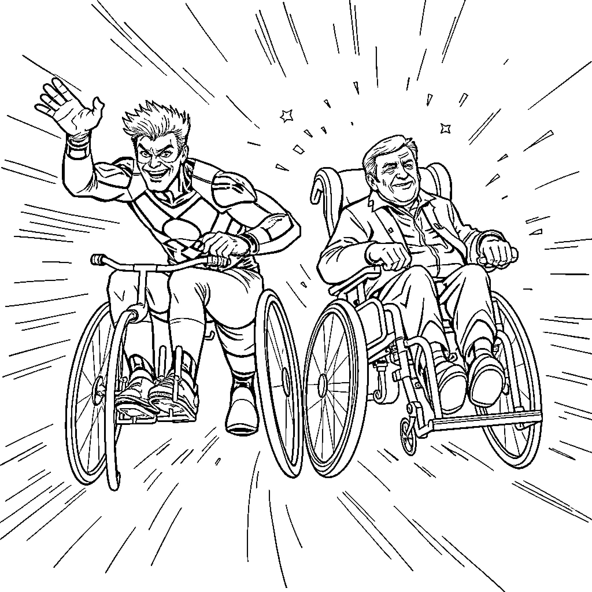 Wheelchair race with energetic competitors Coloring Page (free black-and-white line drawing printable PDF for all, from beginners to advanced learners, including children, teens, adults, and seniors)