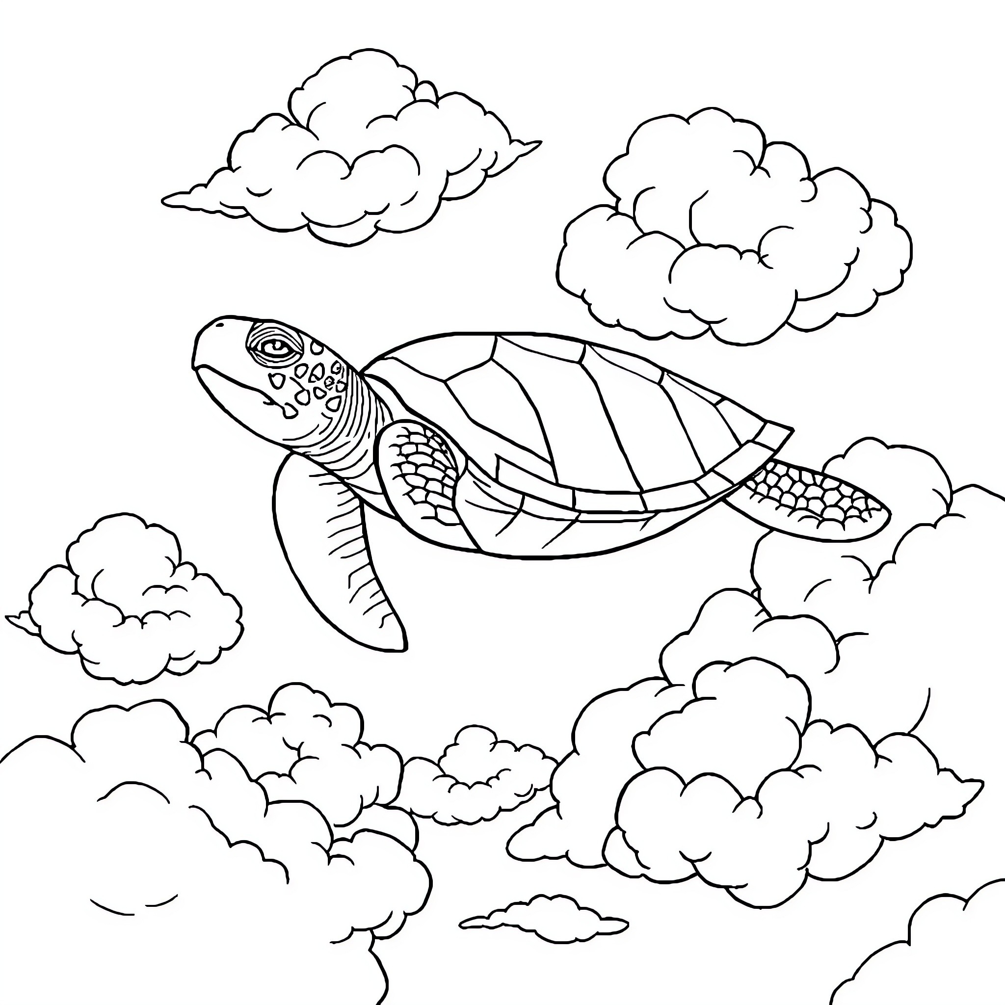Sea Turtle swimming amidst clouds in the sky Coloring Page (free black-and-white line drawing printable PDF for all, from beginners to advanced learners, including children, teens, adults, and seniors)