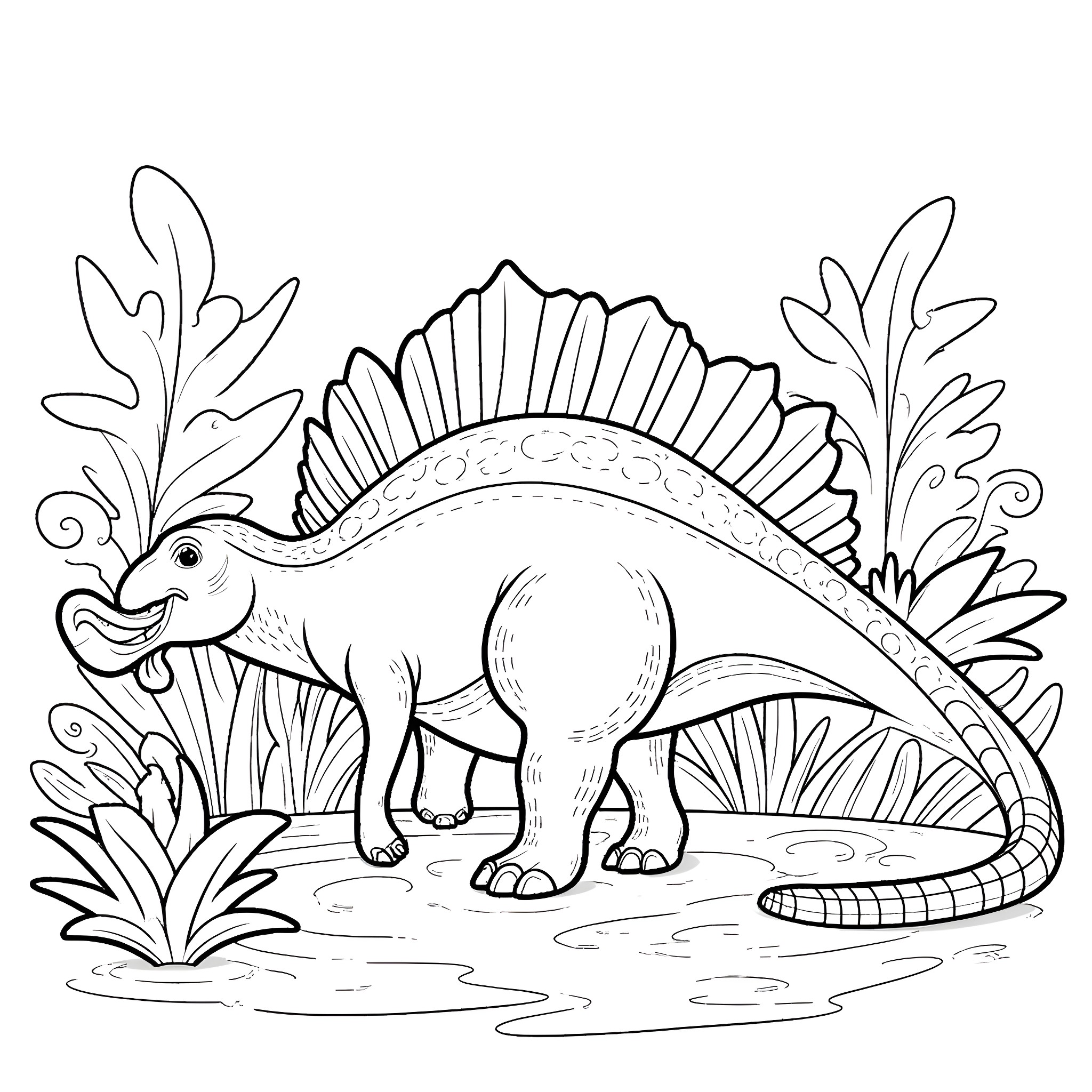 Stegosaurus exploring the prehistoric landscape Coloring Page (free black-and-white line drawing printable PDF for all, from beginners to advanced learners, including children, teens, adults, and seniors)