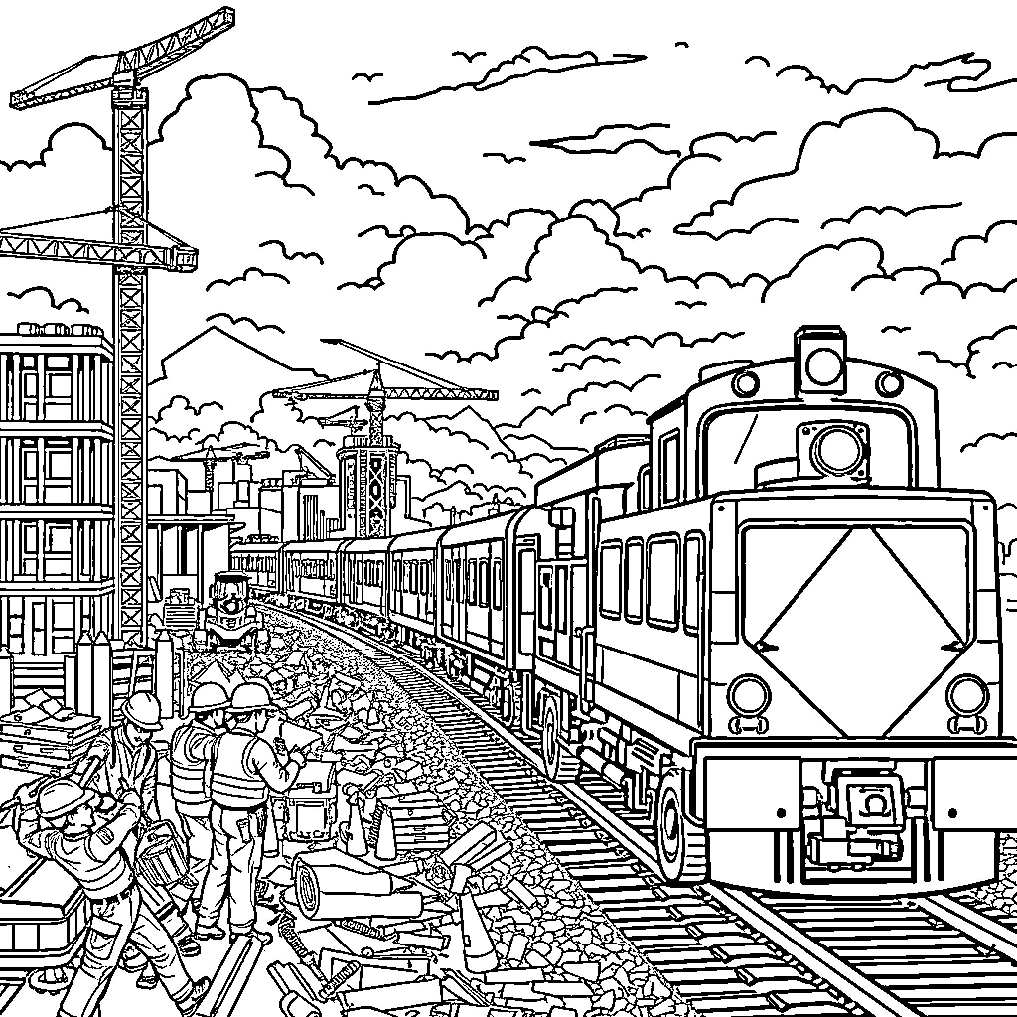 Train passengers waiting for departure amid construction Coloring Page (free black-and-white line drawing printable PDF for all, from beginners to advanced learners, including children, teens, adults, and seniors)