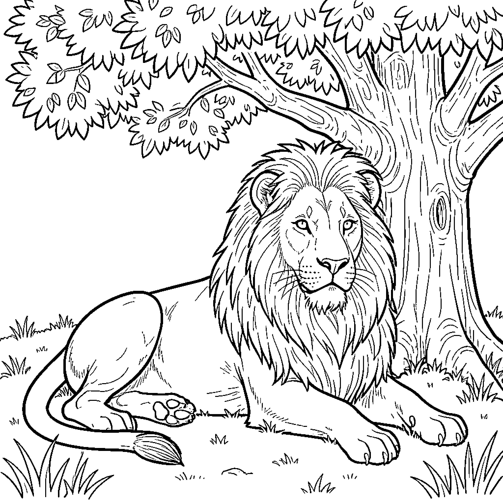 Lion resting under a large tree Coloring Page (free black-and-white line drawing printable PDF for all, from beginners to advanced learners, including children, teens, adults, and seniors)