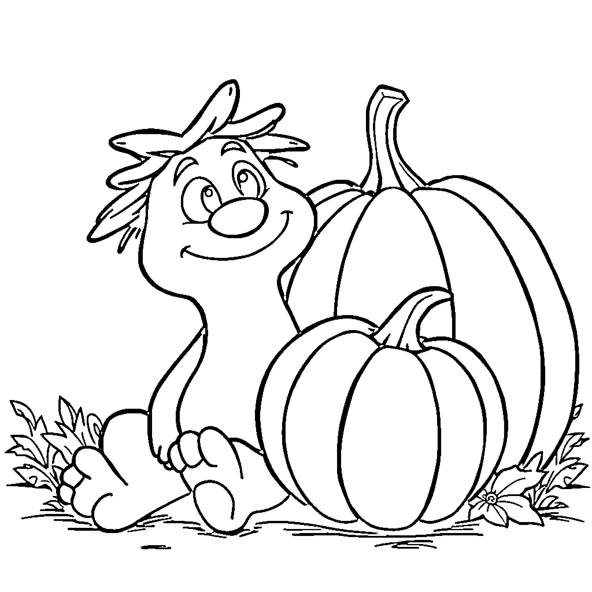 Grogu playing with autumn pumpkins Coloring Page (free black-and-white line drawing printable PDF for all, from beginners to advanced learners, including children, teens, adults, and seniors)