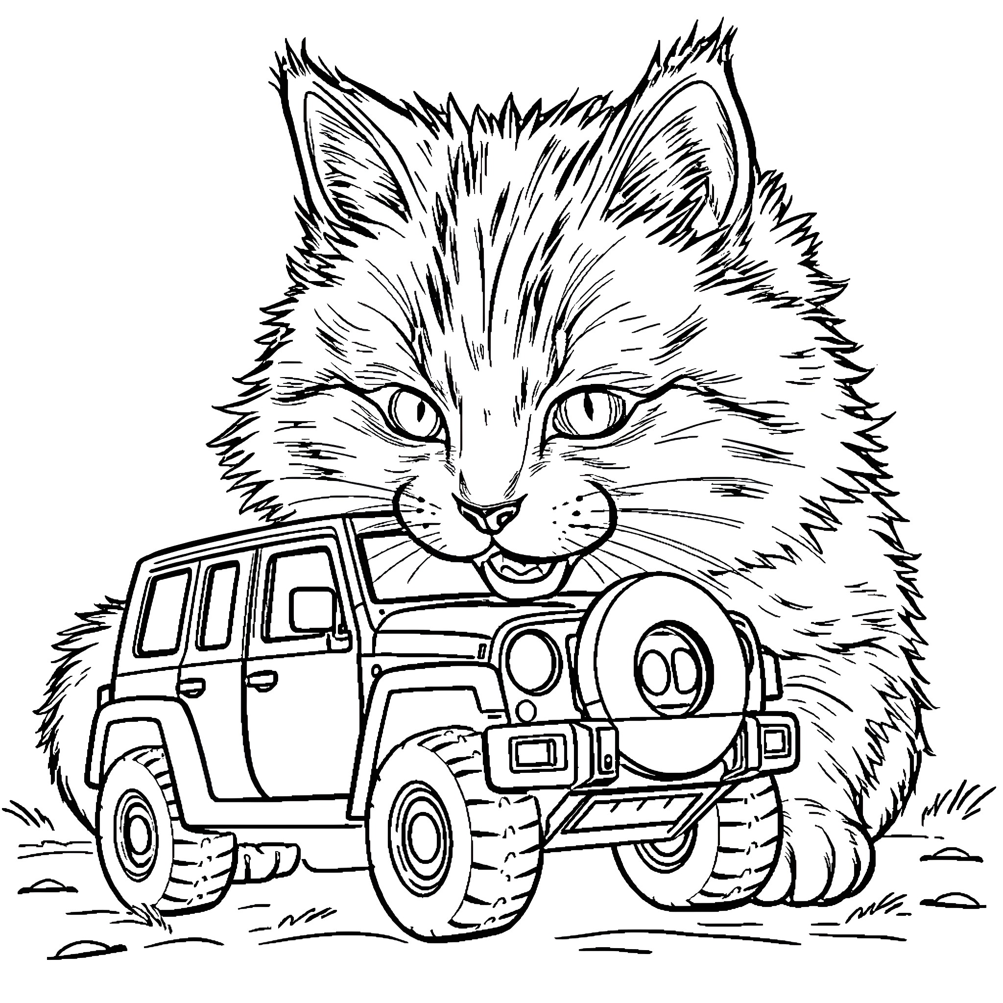 Cat with Fierce Expression Driving Rugged Vehicle Coloring Page (free black-and-white line drawing printable PDF for all, from beginners to advanced learners, including children, teens, adults, and seniors)