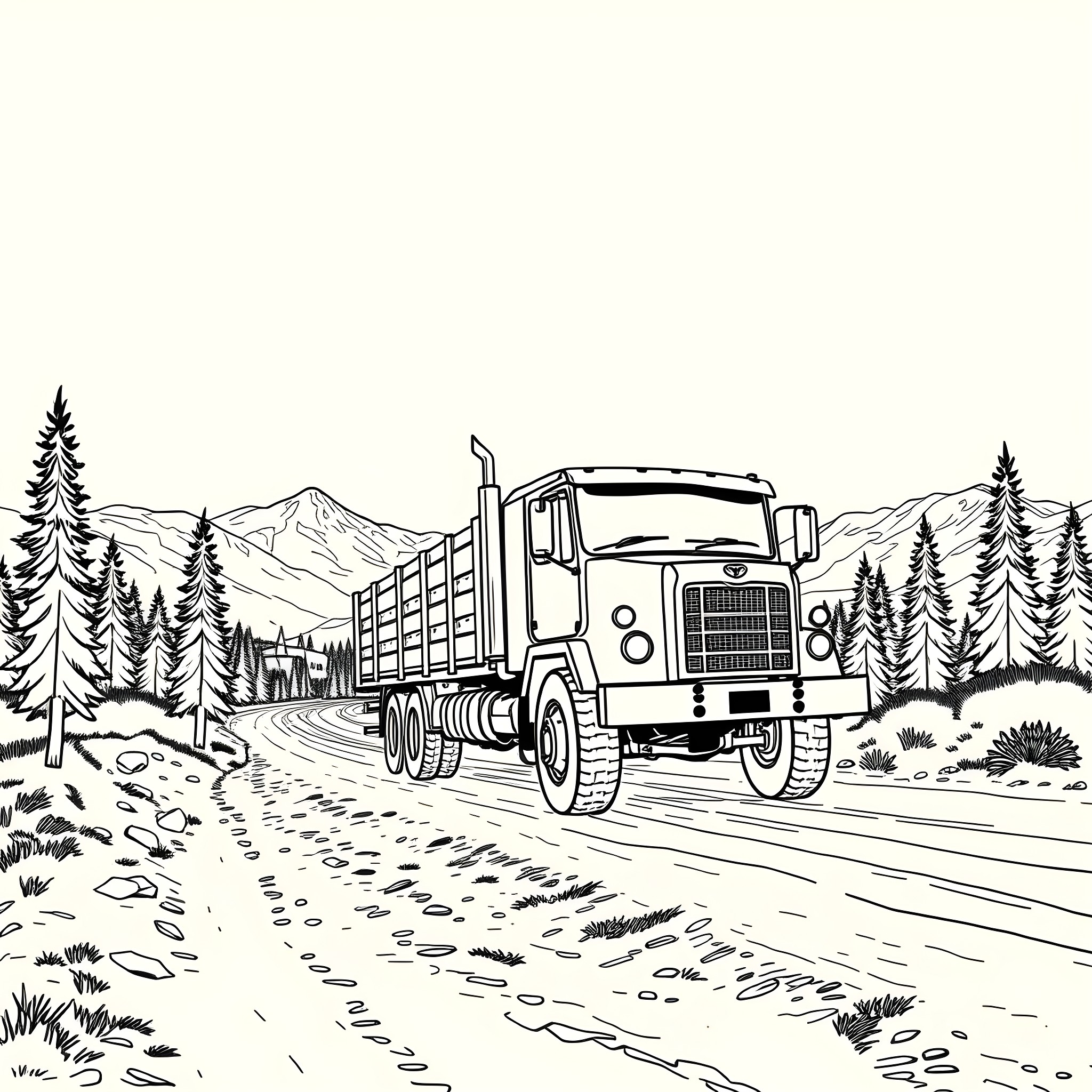 Truck transporting cargo through forested mountain landscape Coloring Page (free black-and-white line drawing printable PDF for all, from beginners to advanced learners, including children, teens, adults, and seniors)