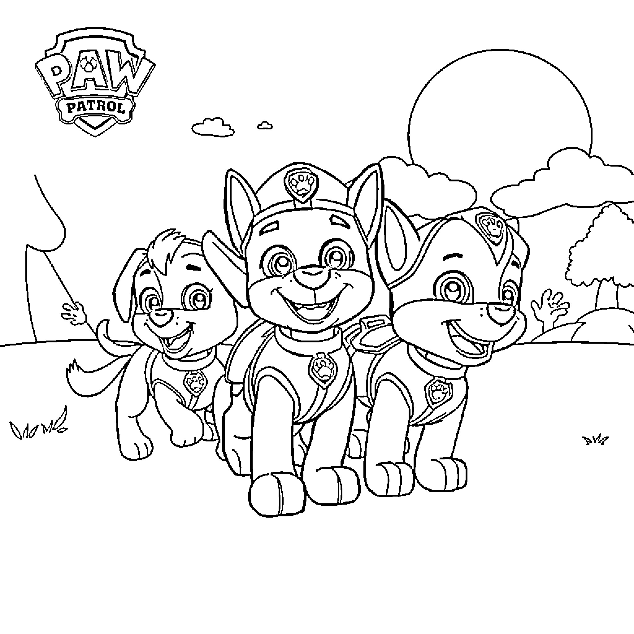 Paw Patrol pups exploring the outdoors Coloring Page (free black-and-white line drawing printable PDF for all, from beginners to advanced learners, including children, teens, adults, and seniors)