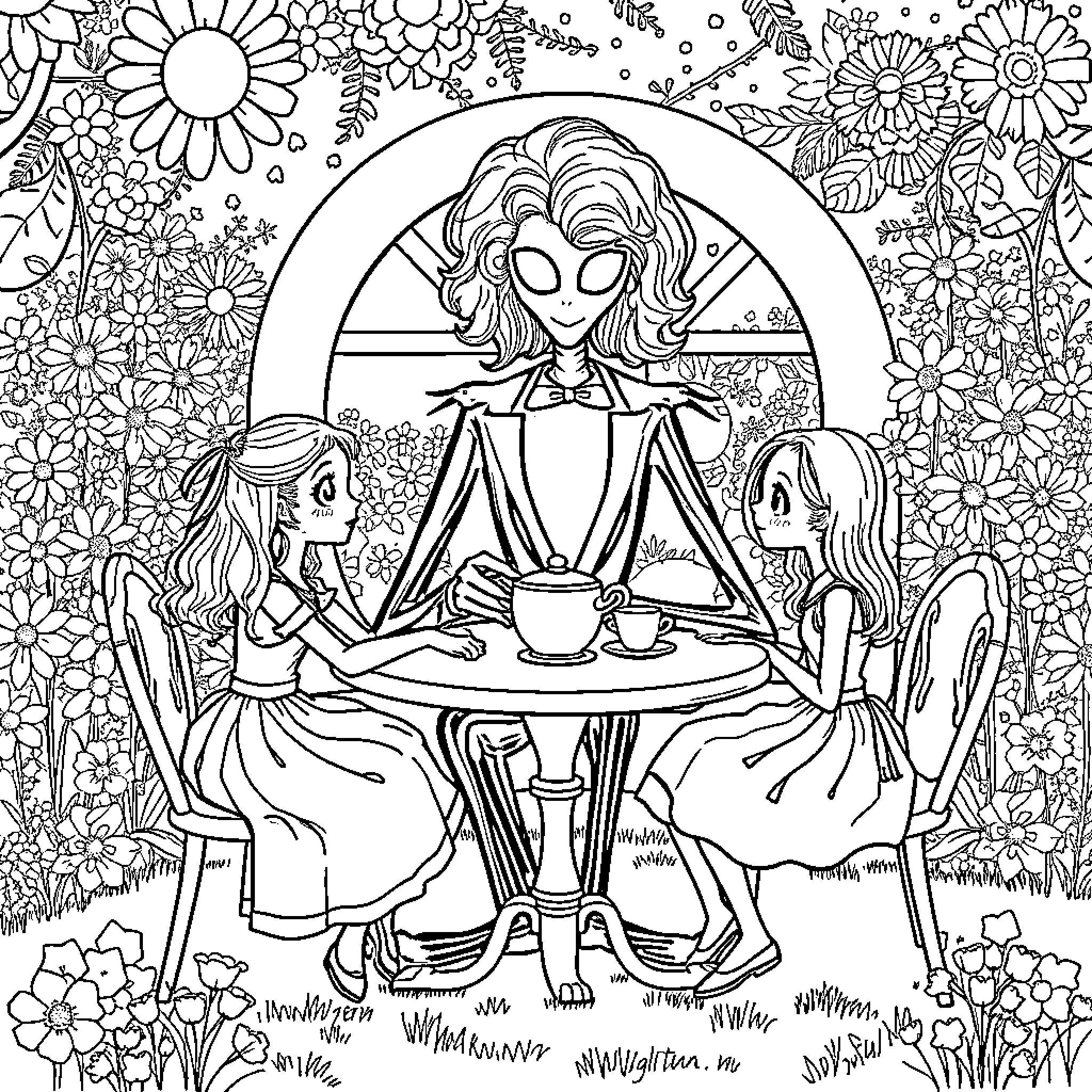 Slenderman's Garden Tea Party Coloring Page (free black-and-white line drawing printable PDF for all, from beginners to advanced learners, including children, teens, adults, and seniors)