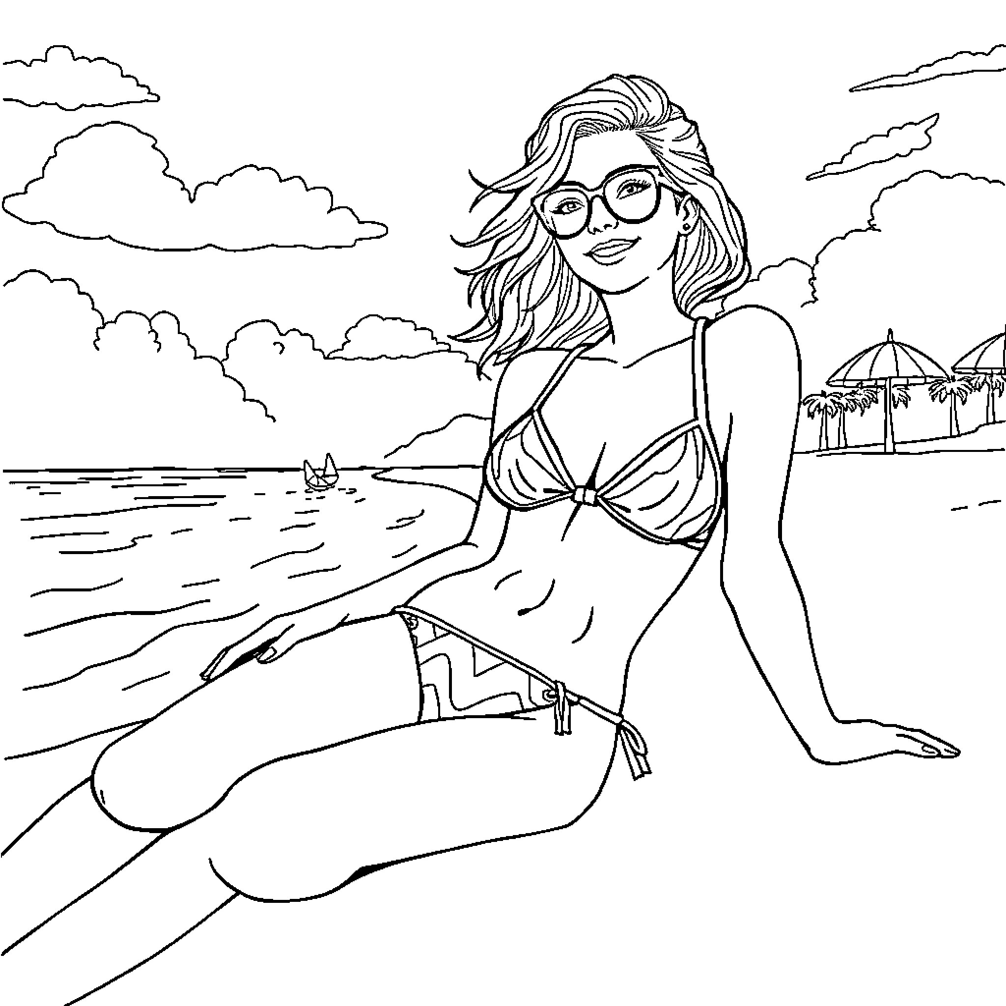 Girl relaxing on the beach in bikini and sunglasses Coloring Page (free black-and-white line drawing printable PDF for all, from beginners to advanced learners, including children, teens, adults, and seniors)
