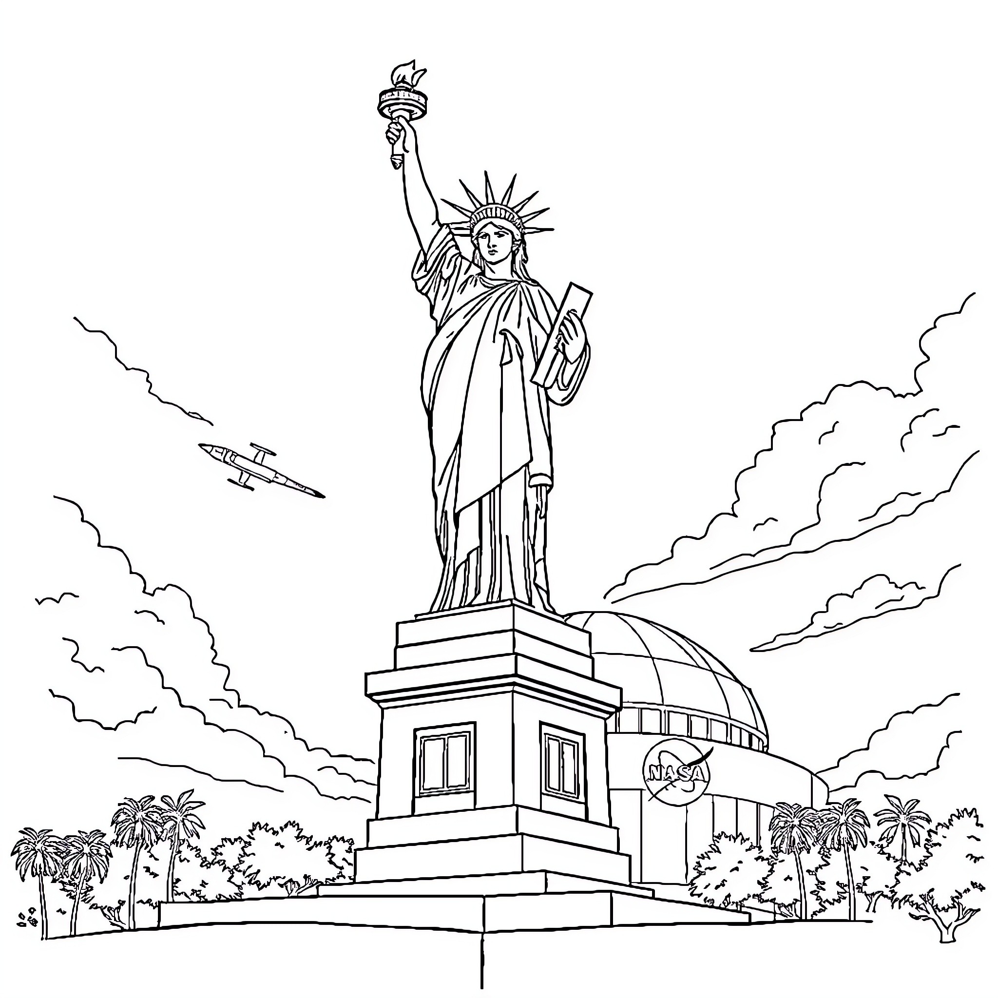 Statue Of Liberty standing tall in the city Coloring Page (free black-and-white line drawing printable PDF for all, from beginners to advanced learners, including children, teens, adults, and seniors)