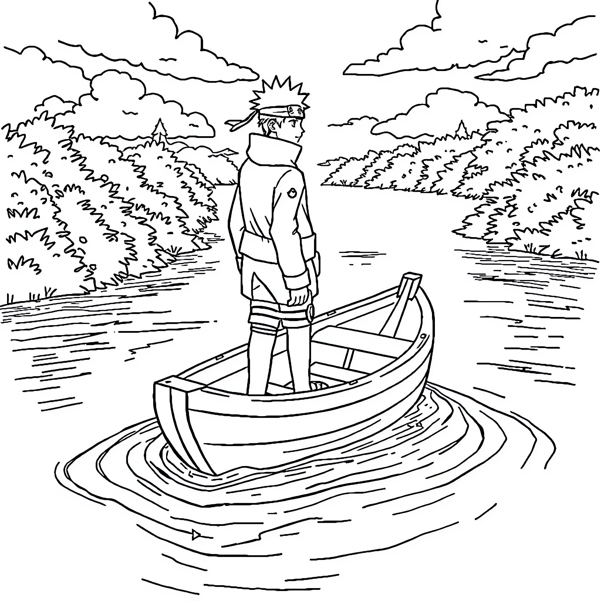 Naruto character in a tranquil lake scene Coloring Page (free black-and-white line drawing printable PDF for all, from beginners to advanced learners, including children, teens, adults, and seniors)