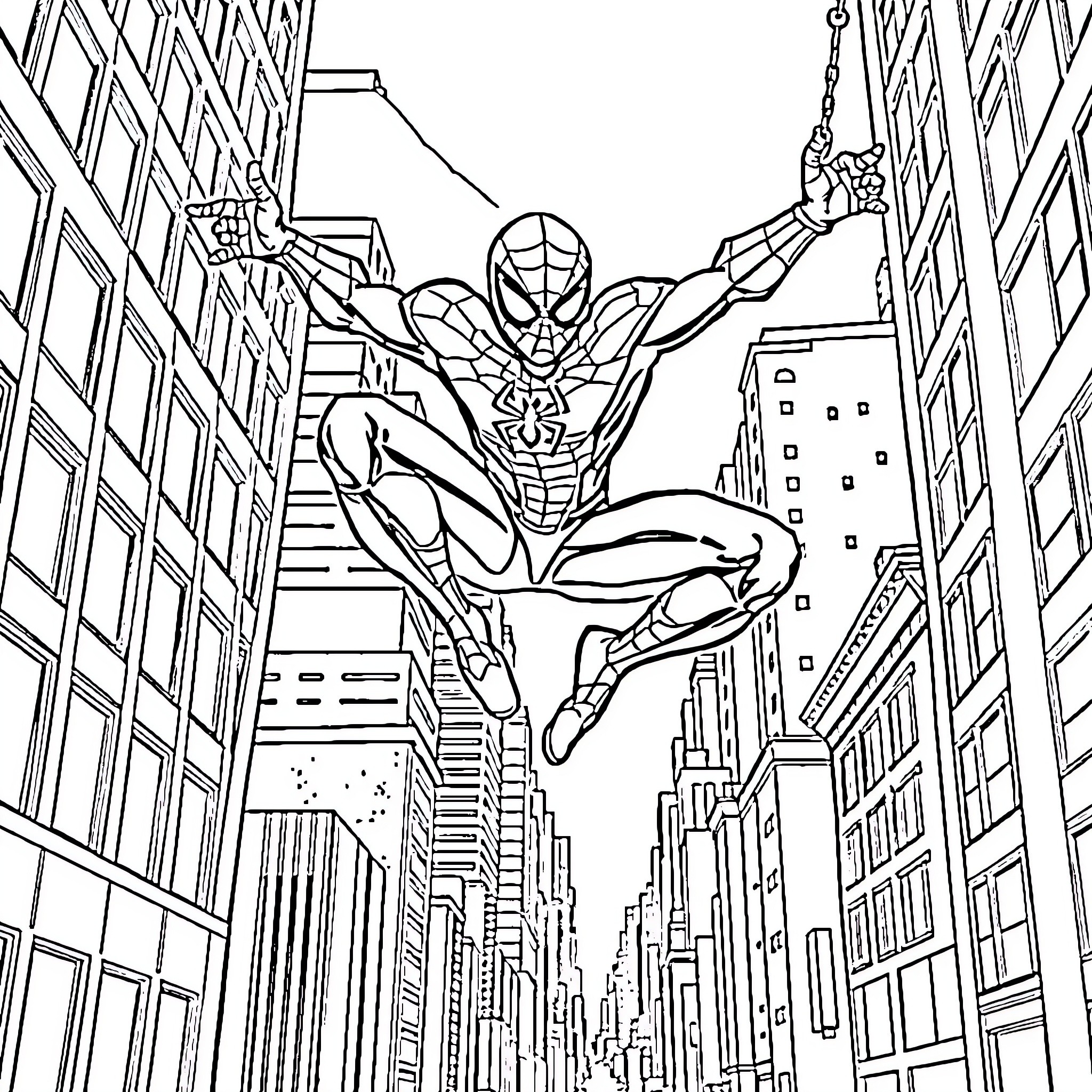 Spider-Man swinging through the city skyline Coloring Page (free black-and-white line drawing printable PDF for all, from beginners to advanced learners, including children, teens, adults, and seniors)