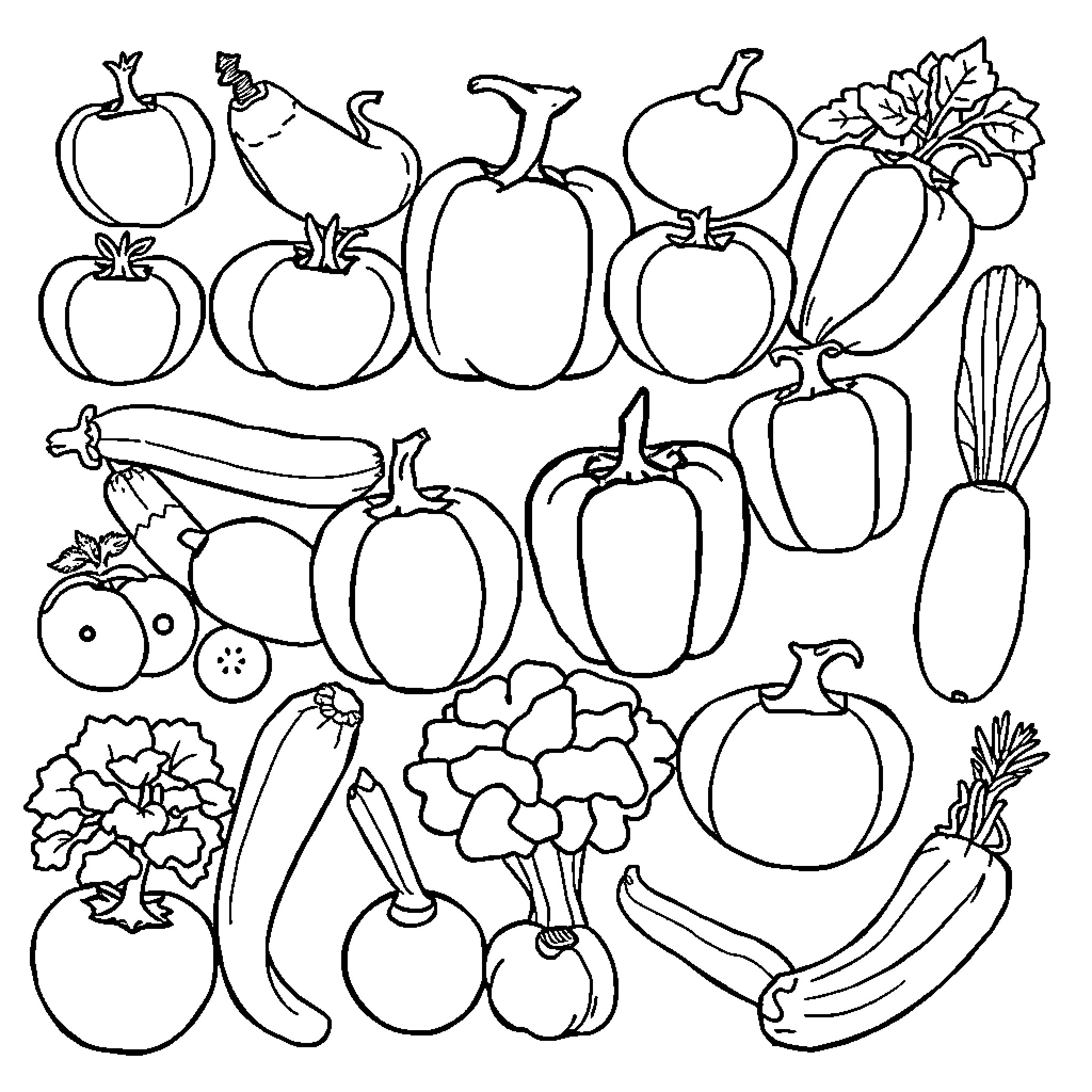 Vegetable outlines in various shapes and sizes Coloring Page (free black-and-white line drawing printable PDF for all, from beginners to advanced learners, including children, teens, adults, and seniors)