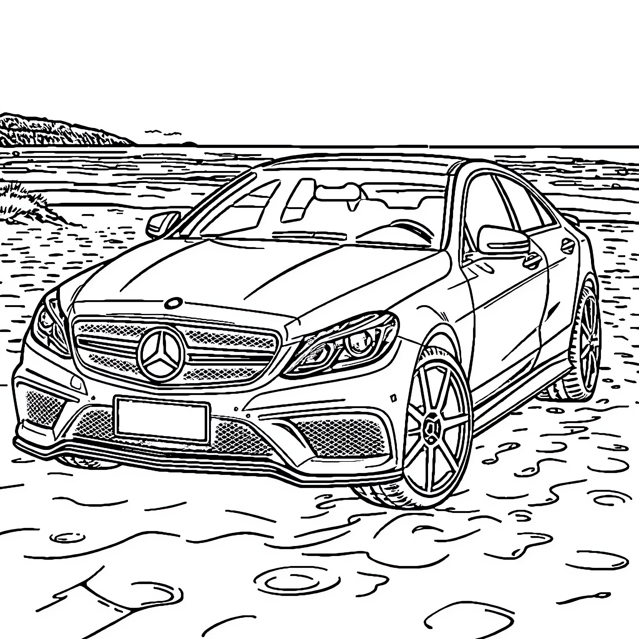 Mercedes luxury vehicle on the beach Coloring Page (free black-and-white line drawing printable PDF for all, from beginners to advanced learners, including children, teens, adults, and seniors)