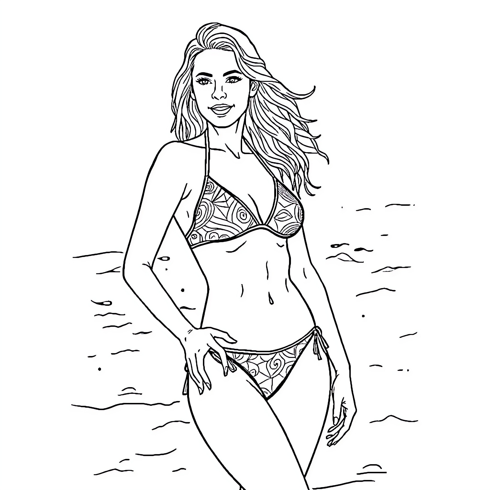 Woman relaxing on the beach in stylish swimwear Coloring Page (free black-and-white line drawing printable PDF for all, from beginners to advanced learners, including children, teens, adults, and seniors)