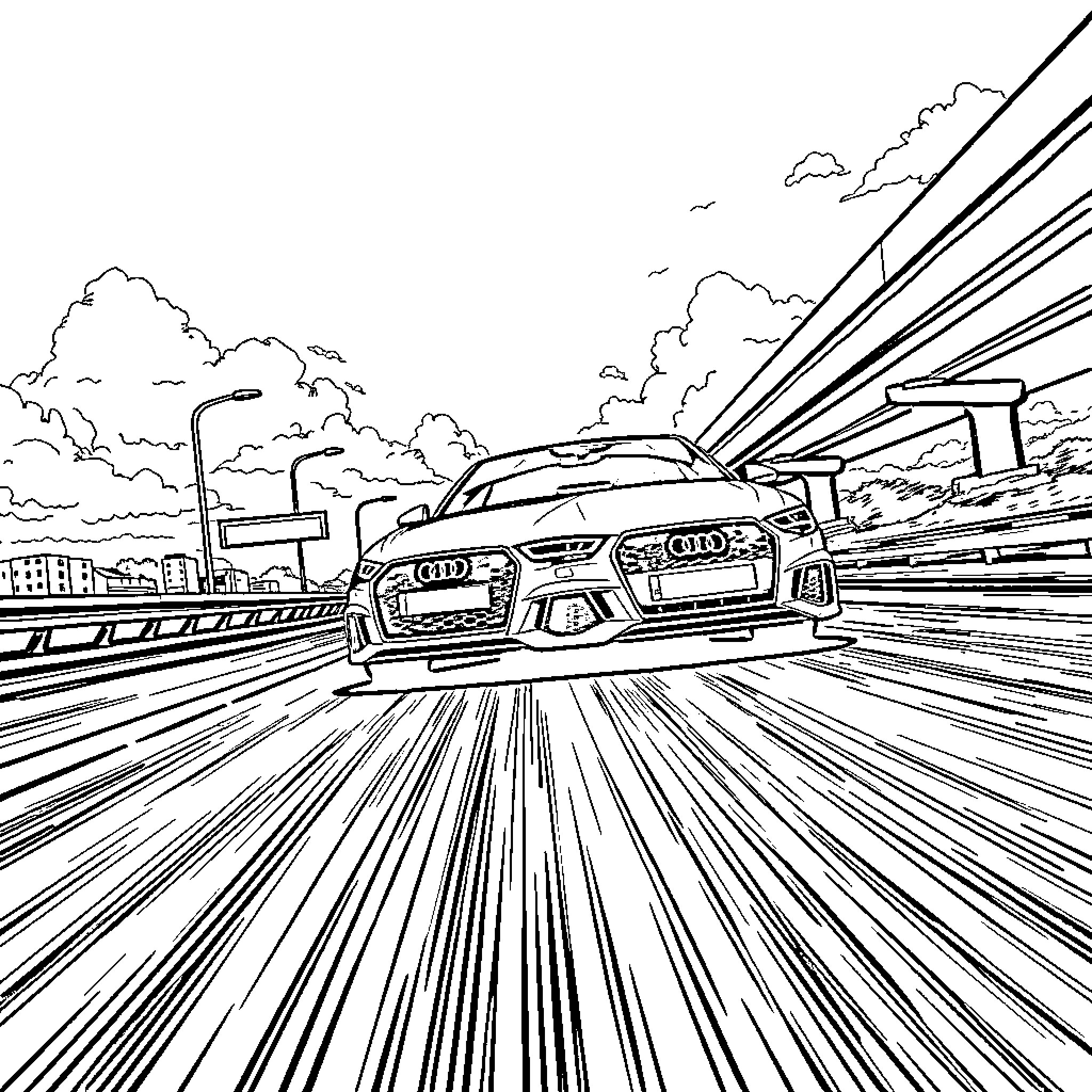 Audi RS3 racing down the road with speed Coloring Page (free black-and-white line drawing printable PDF for all, from beginners to advanced learners, including children, teens, adults, and seniors)