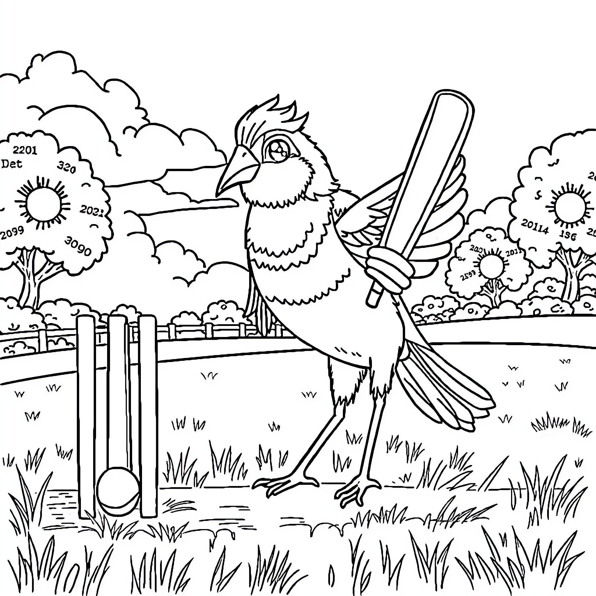Bird playing cricket on a grassy field Coloring Page (free black-and-white line drawing printable PDF for all, from beginners to advanced learners, including children, teens, adults, and seniors)