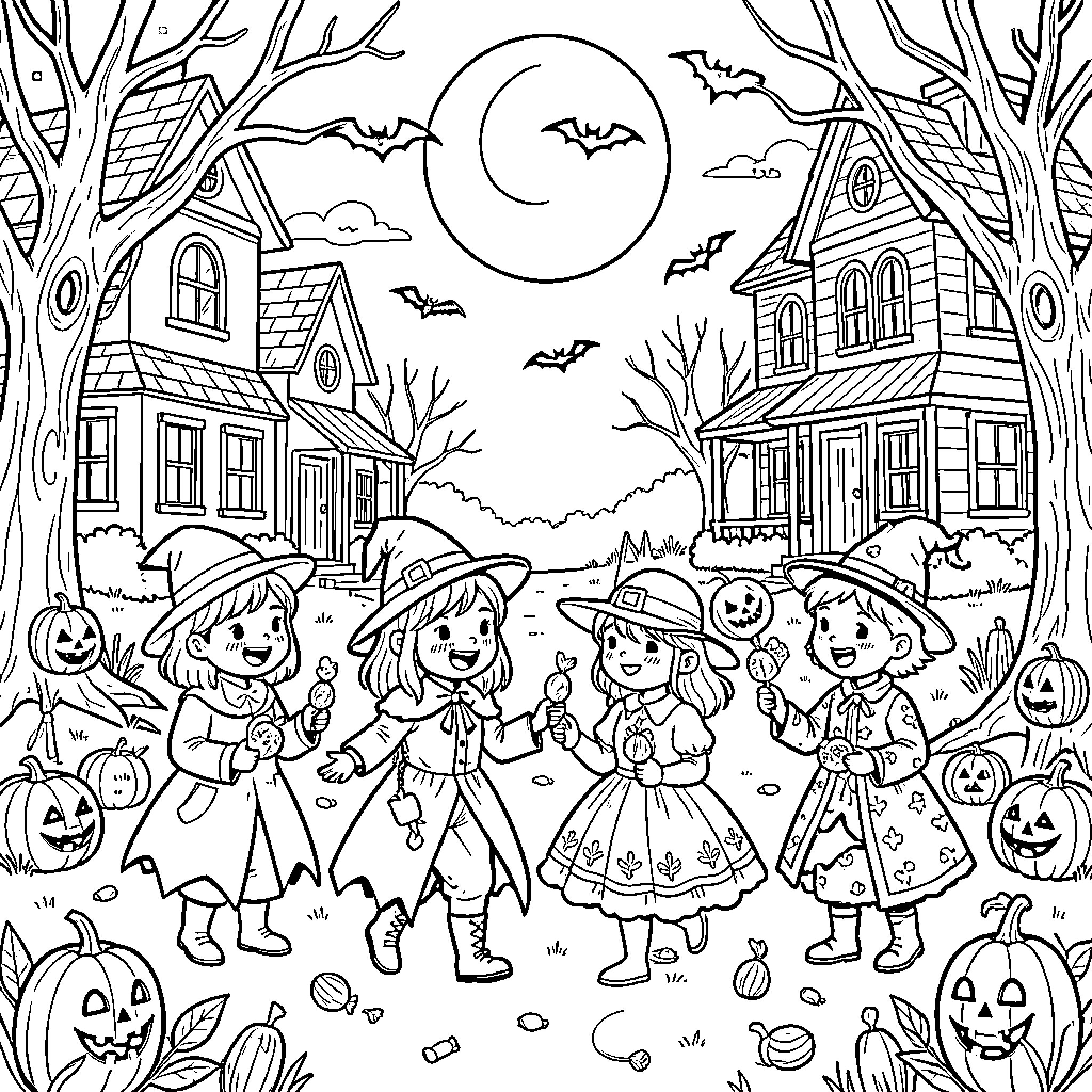 Halloween children in costumes trick or treating together Coloring Page (free black-and-white line drawing printable PDF for all, from beginners to advanced learners, including children, teens, adults, and seniors)