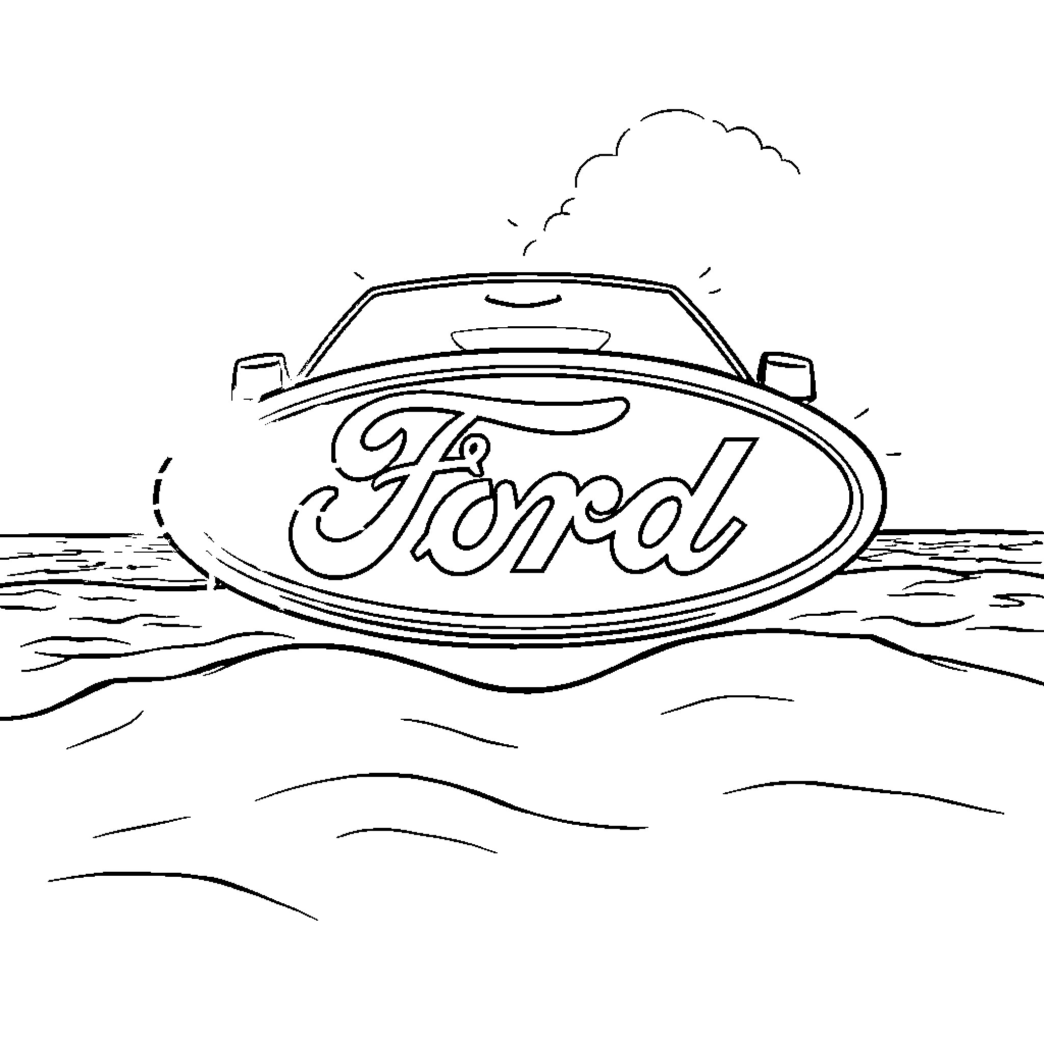 Ford car floating on the water Coloring Page (free black-and-white line drawing printable PDF for all, from beginners to advanced learners, including children, teens, adults, and seniors)