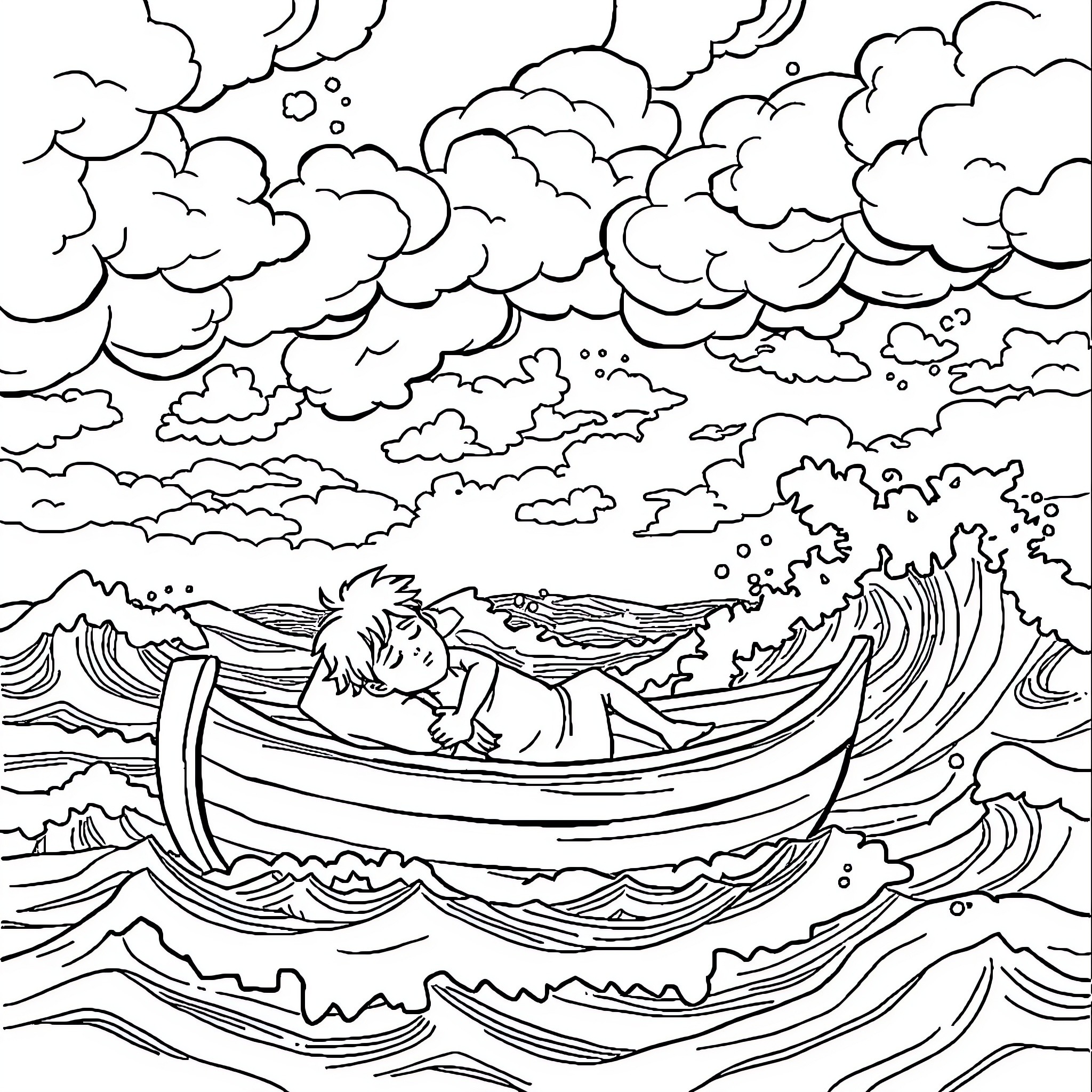 Jonah resting in the boat during the storm Coloring Page (free black-and-white line drawing printable PDF for all, from beginners to advanced learners, including children, teens, adults, and seniors)