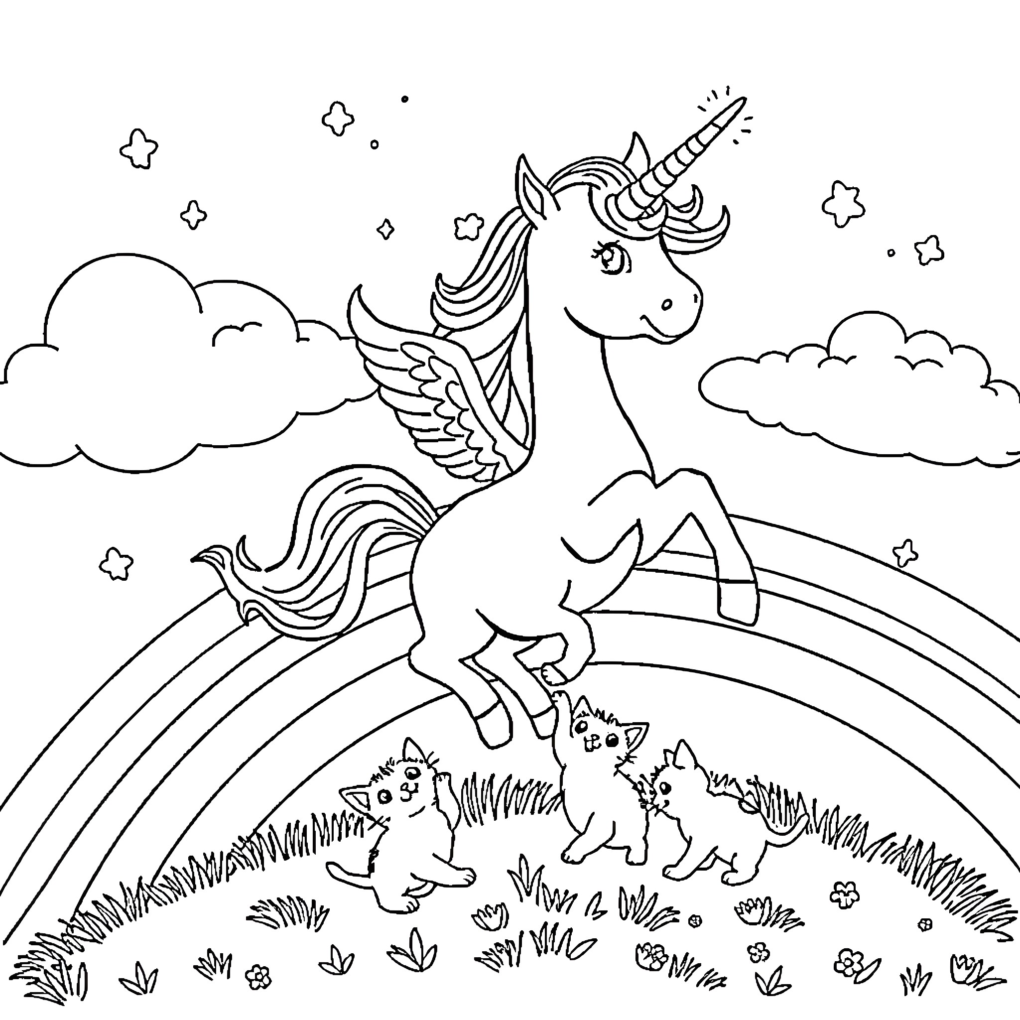 Unicorn galloping through a magical meadow with kittens Coloring Page (free black-and-white line drawing printable PDF for all, from beginners to advanced learners, including children, teens, adults, and seniors)