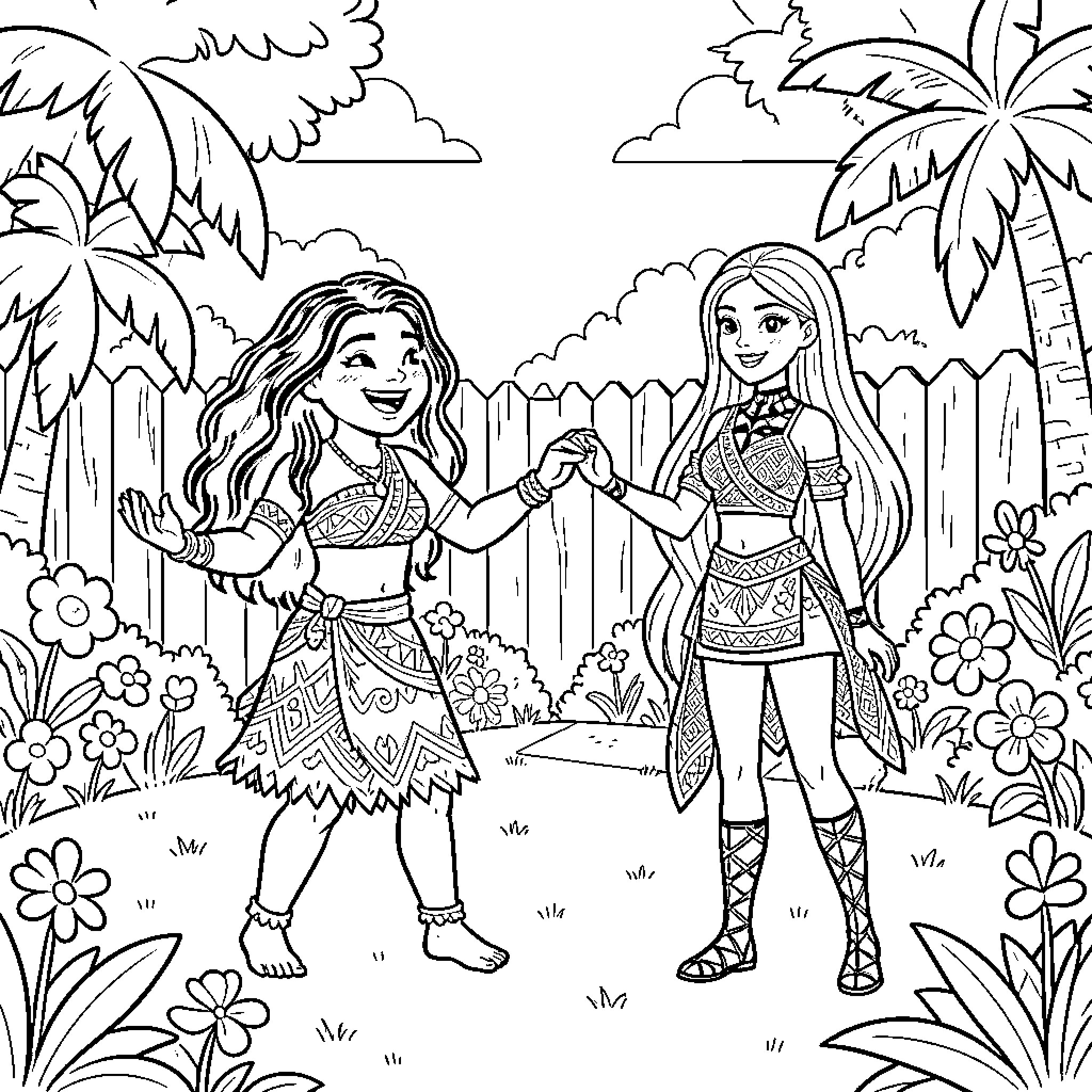 Moana and Maui exploring the tropical island Coloring Page (free black-and-white line drawing printable PDF for all, from beginners to advanced learners, including children, teens, adults, and seniors)