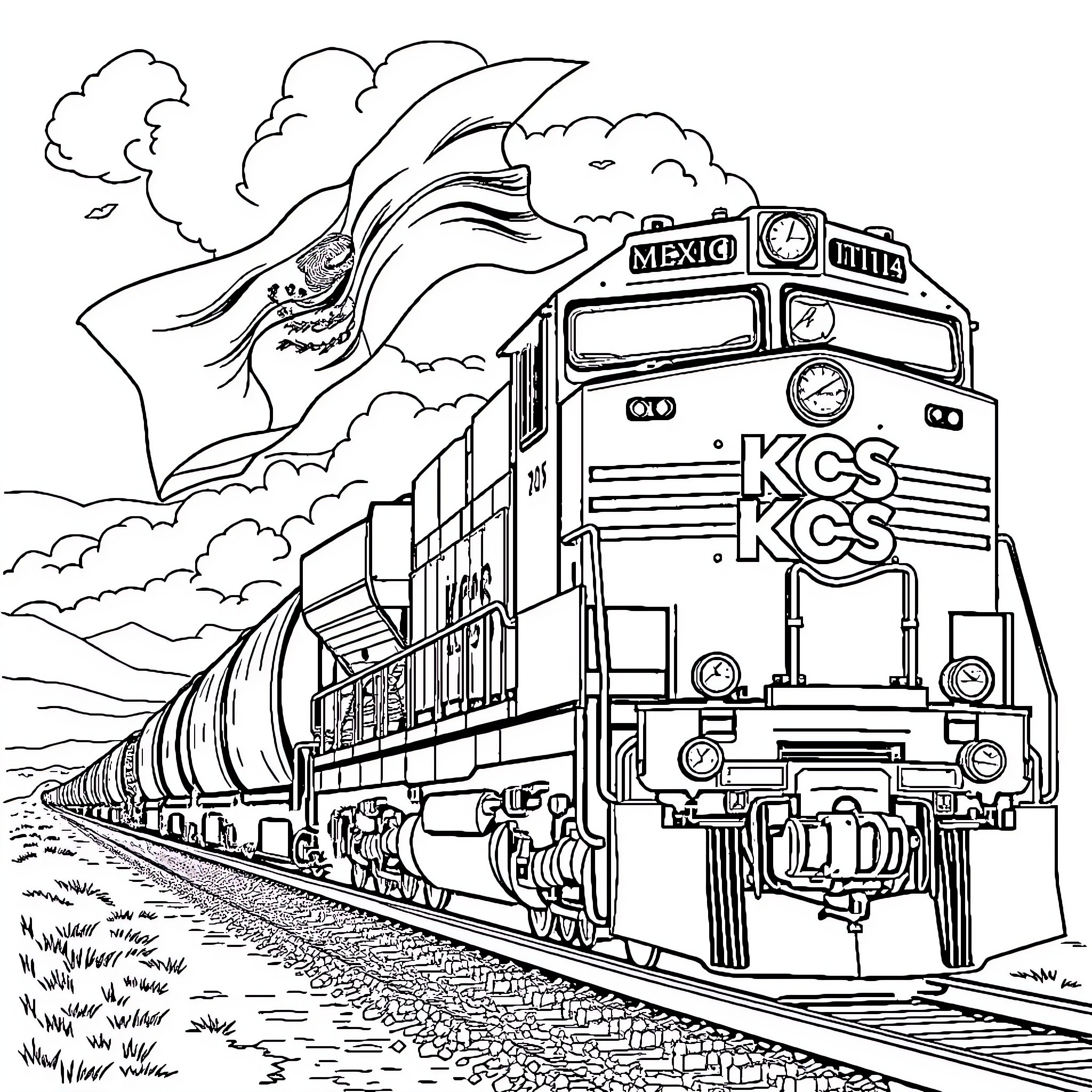 Train Speeding Through Cloudy Landscape Coloring Page (free black-and-white line drawing printable PDF for all, from beginners to advanced learners, including children, teens, adults, and seniors)