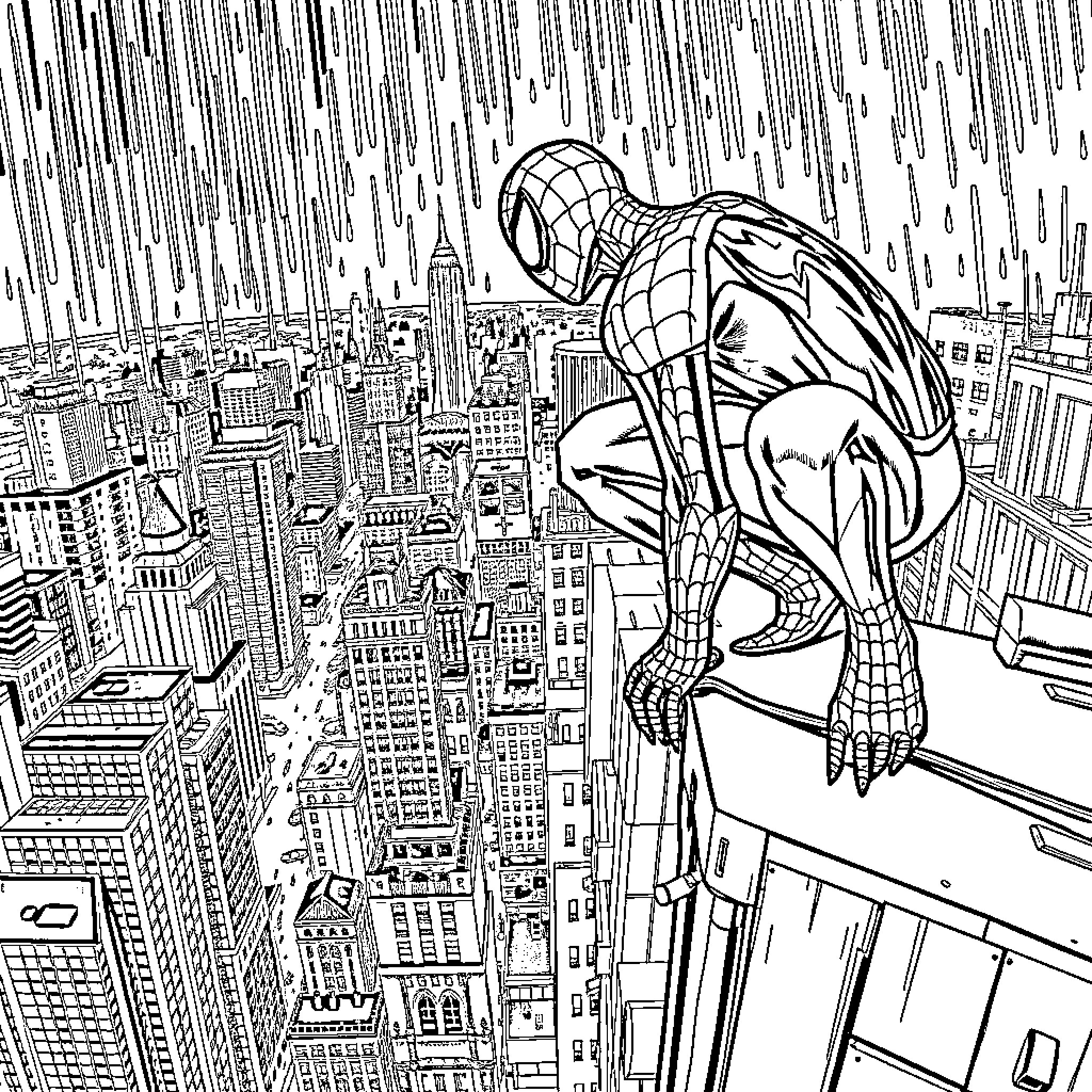 Spiderman swinging through the city skyline Coloring Page (free black-and-white line drawing printable PDF for all, from beginners to advanced learners, including children, teens, adults, and seniors)