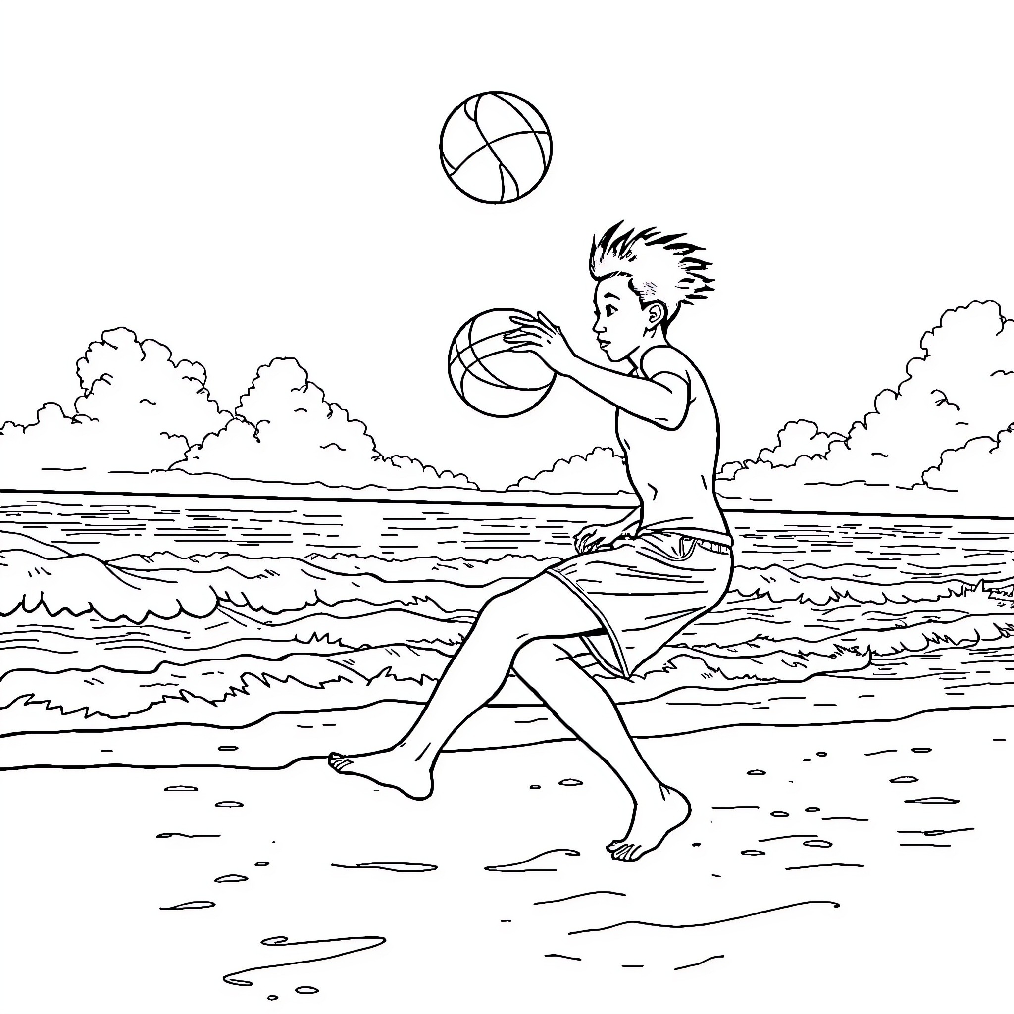 Taeyai playing joyfully with a basketball on the beach Coloring Page (free black-and-white line drawing printable PDF for all, from beginners to advanced learners, including children, teens, adults, and seniors)